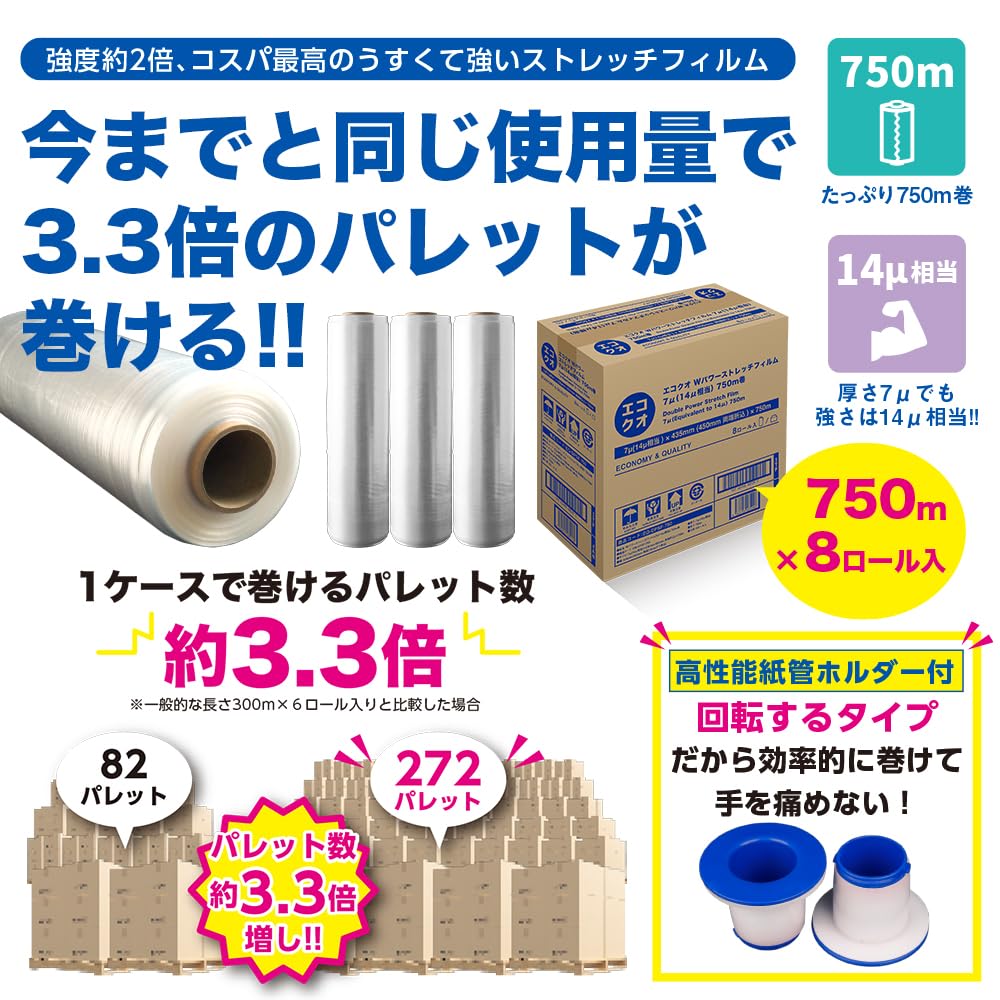 Amazon | 【エコクオ】Wパワーストレッチフィルム 7μ（14μ相当）750m巻