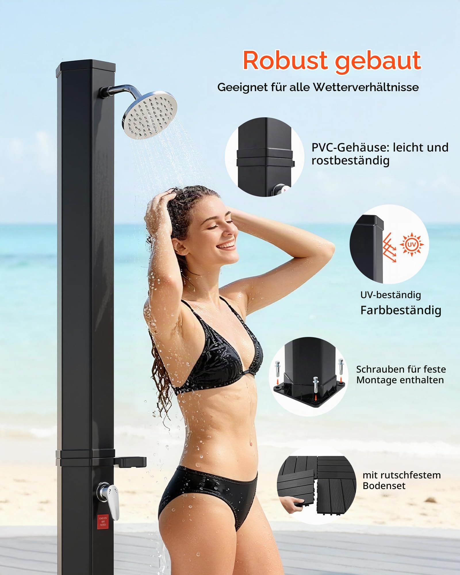 VEVOR Solardusche 35L, Gartendusche 2160 mm Außendusche mit Bodenplatte & Fußarmatur, Pooldusche Warm- & Kaltwasserregulierung, Campingdusche für Garten, Poolbereich, Strandpool, Schwarz