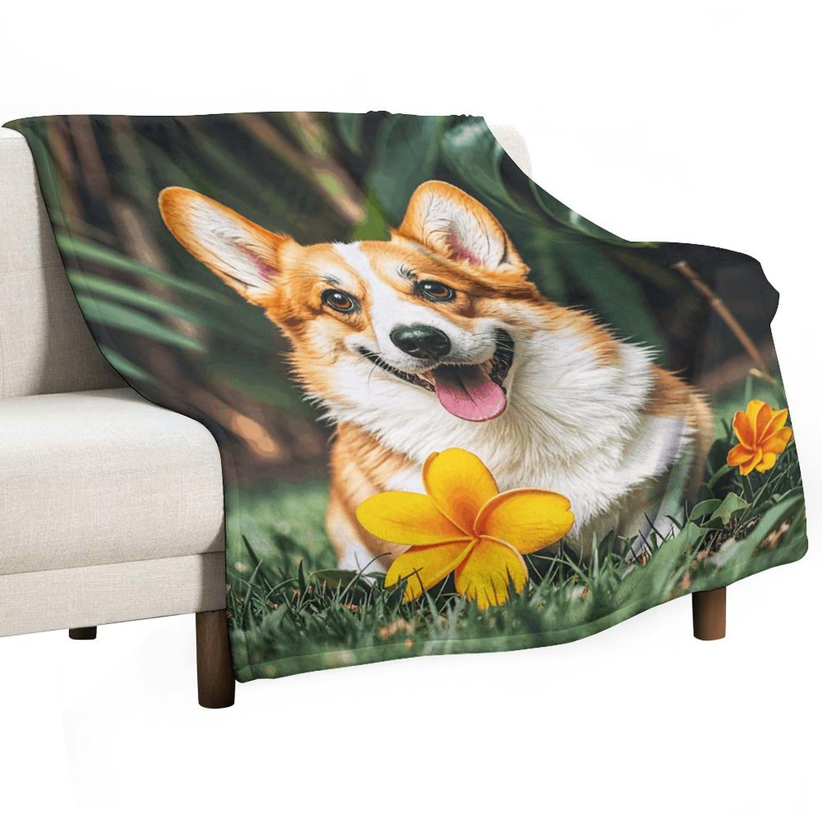 Couverture flanelle fleurs tropicales corgi légère pour canapé lit voyage et pique-nique