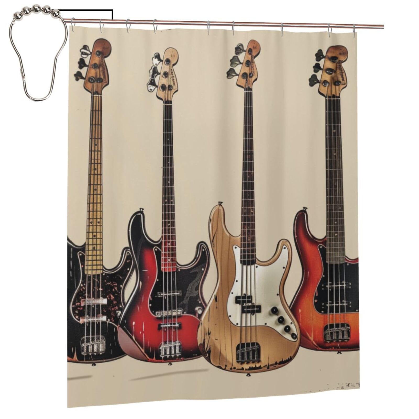 BWWHCCTI Guitar Bass Music Musical Instruments Printed Shower Curtain With 12 Iron Hooks Opaque Quick Drying Waterproof Shower Curtains Sets For Bathroom 152x183 Cm