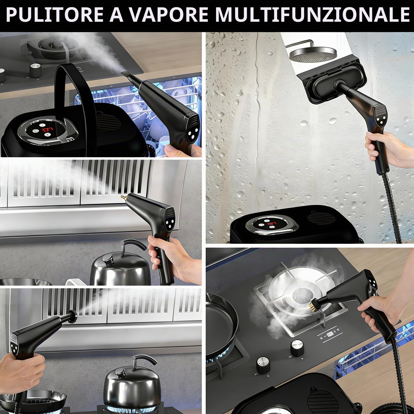 Pulitore a Vapore Portatile, 2500W Pulitore Vapore Casa, Maniglia Regolabile in 6 Livelli, Serbatoio Dell'acqua da 1700ml, Macchina per Pulizia a Vapore per Cucina, Piastrelle, Mobili