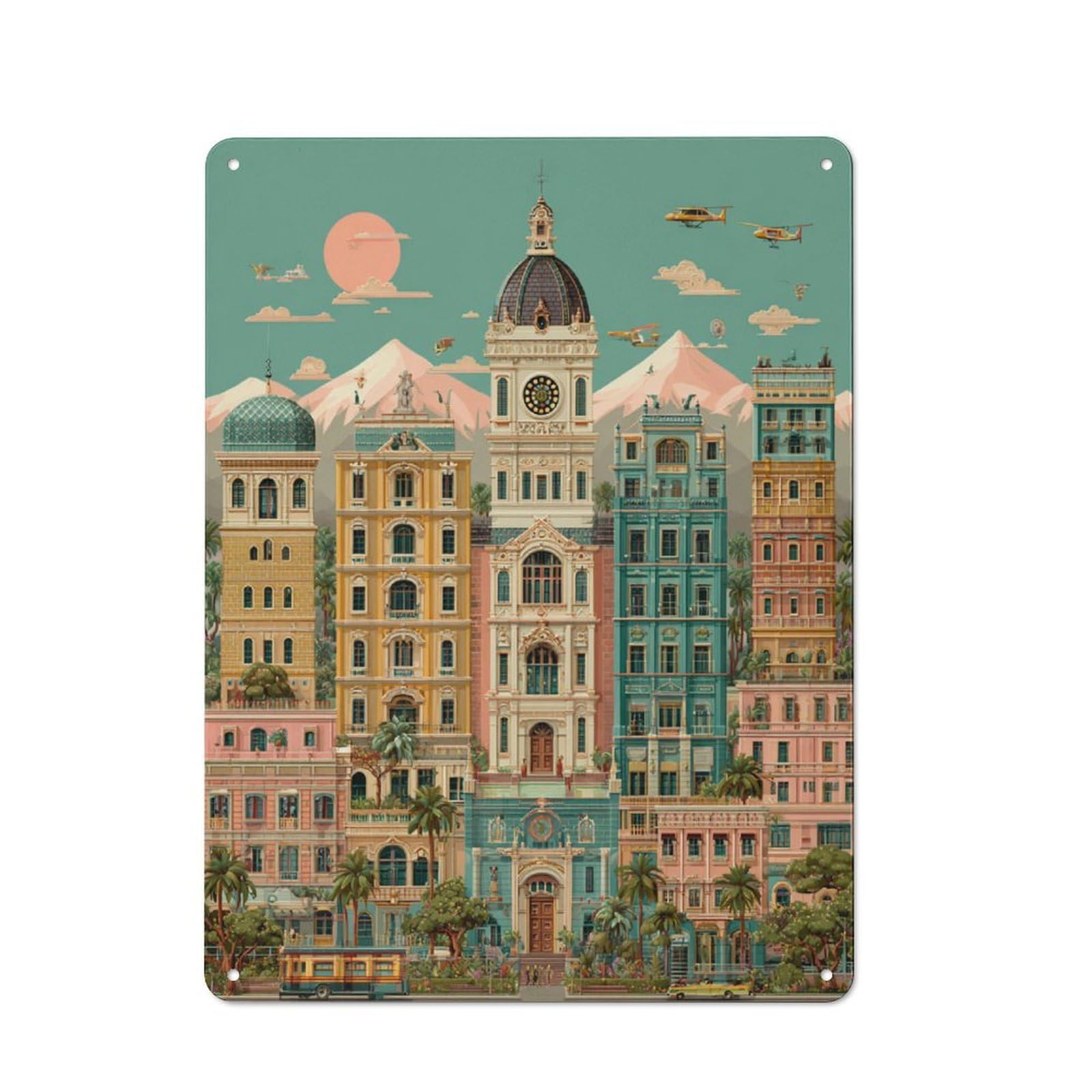 Junmoney Vibrant Cityscape With Historical Architectur E Metal Wall Art Sign 40X30cm, Modern Retro Urban Room Decor For Modern Home, Workshop, Office Or Cafe