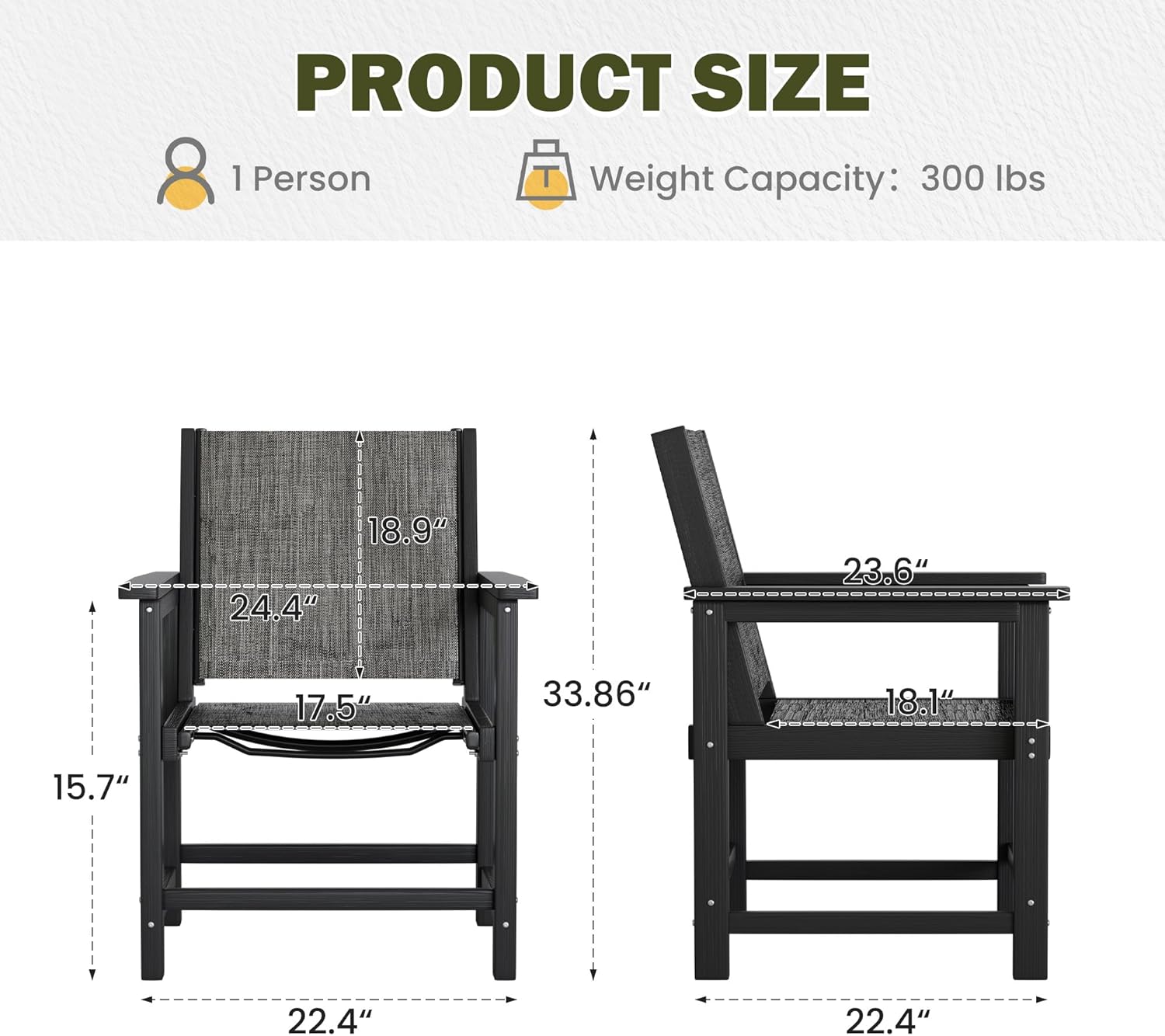 HDPE Patio Dining Chairs with Armrests - Textilene Indoor Outdoor Chair with Wide Seat for Poolside, All Weather UV Resistant Heavy Duty Patio Chair for Bistro Porch Backyard Balcony & Deck(1PCS)