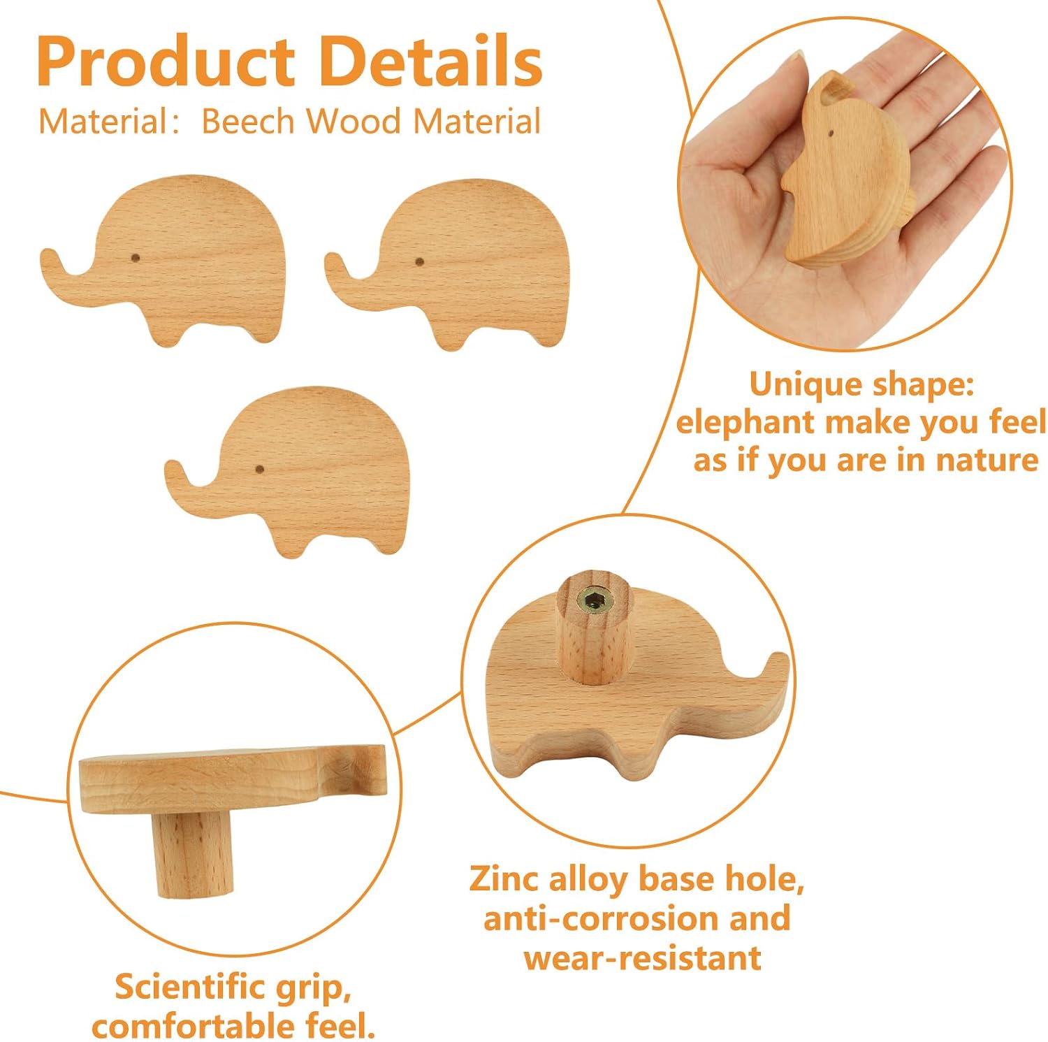MOROBOR 6PCS Elephant Shaped Wooden Knobs Single Hole Beech Wood Handles Cupboard Cabinet Pulls for Chest of Drawers with Screws& Expansion Tube image 4
