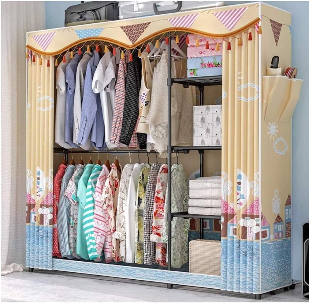 Closet Simple Wardrobe Simple Economical Cloth Wardrobe Steel Pipe Bold Reinforcement All Steel e Double Fabric Storage Cabinet Wardrobe (Color : Beige)