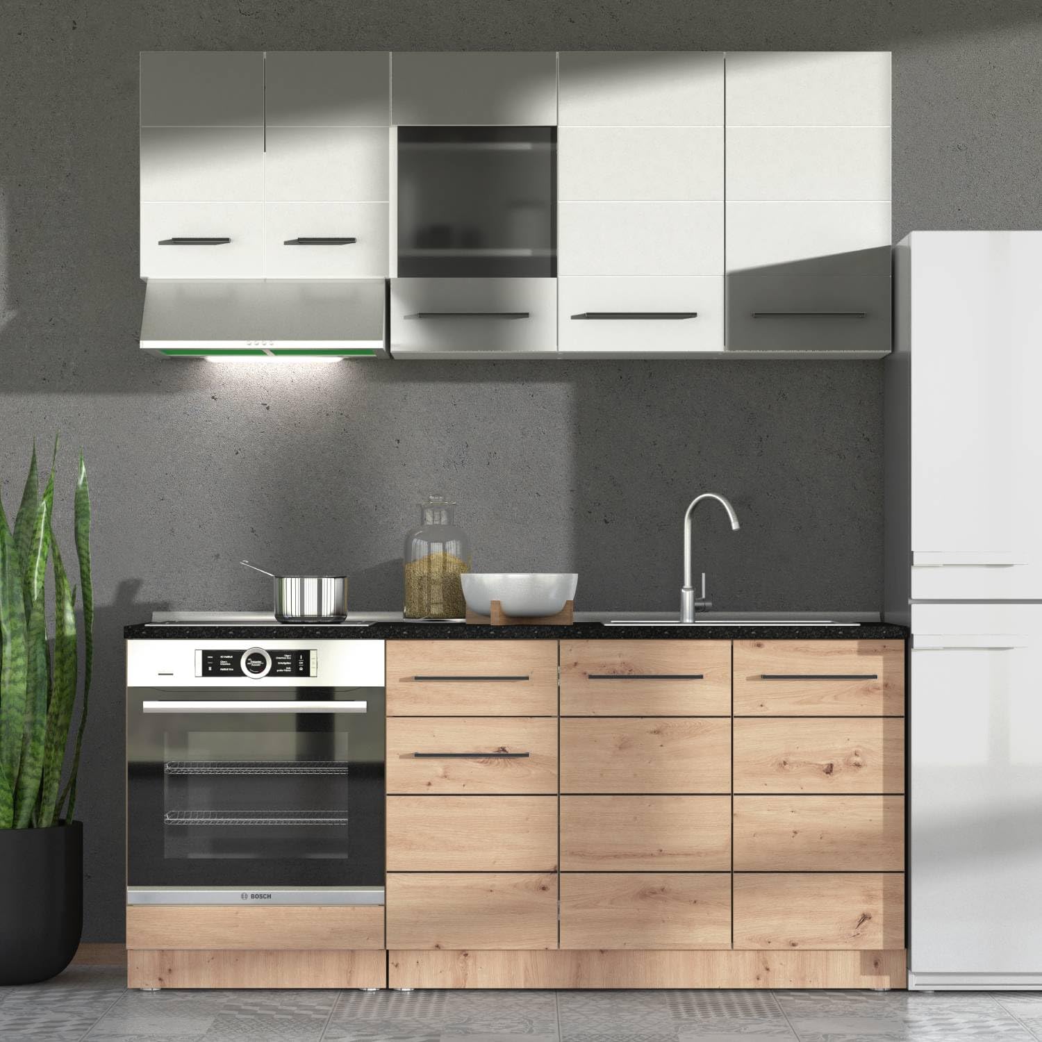 Homestyle4u Singleküche 180 cm Weiß Eiche - Küchenzeile ohne Geräte | Küchenblock mit Arbeitsplatte, Hängeschrank & Unterschrank – Holzoptik Sonoma Eiche, erweiterbar