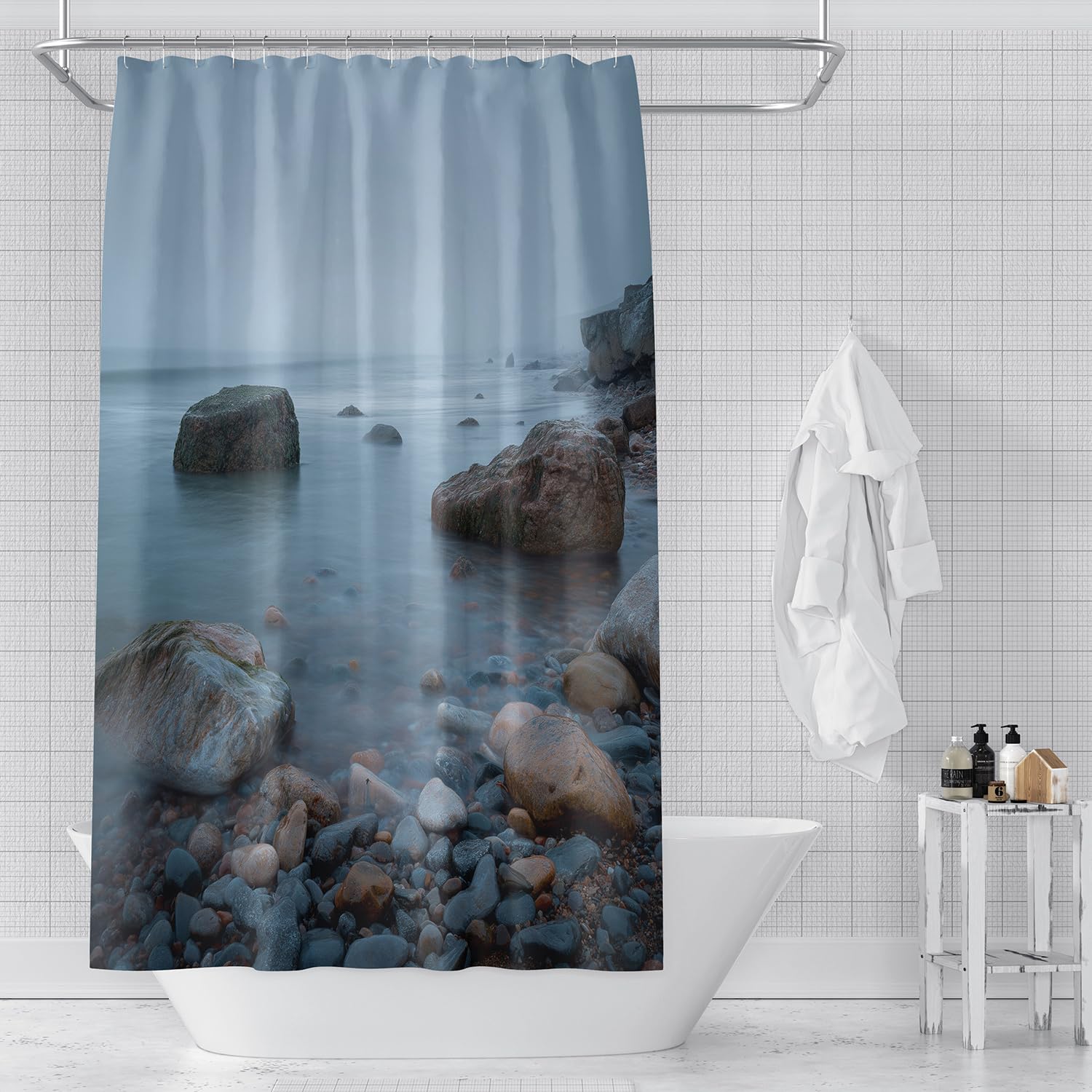 Cortina de Ducha con Diseño de Olas y Guijarros,con Ganchos de Plástico,Duradera y Lavable,Ideal para el Baño del Hogar y del Hotel,240Anx200Alcm (1 Panel).