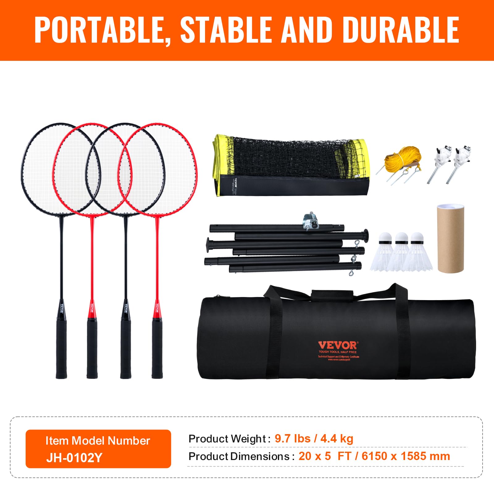 VEVOR Juego de Red de Bádminton Portátil con Postes, Bolsa, 4 Taquetas y 3 Volantes