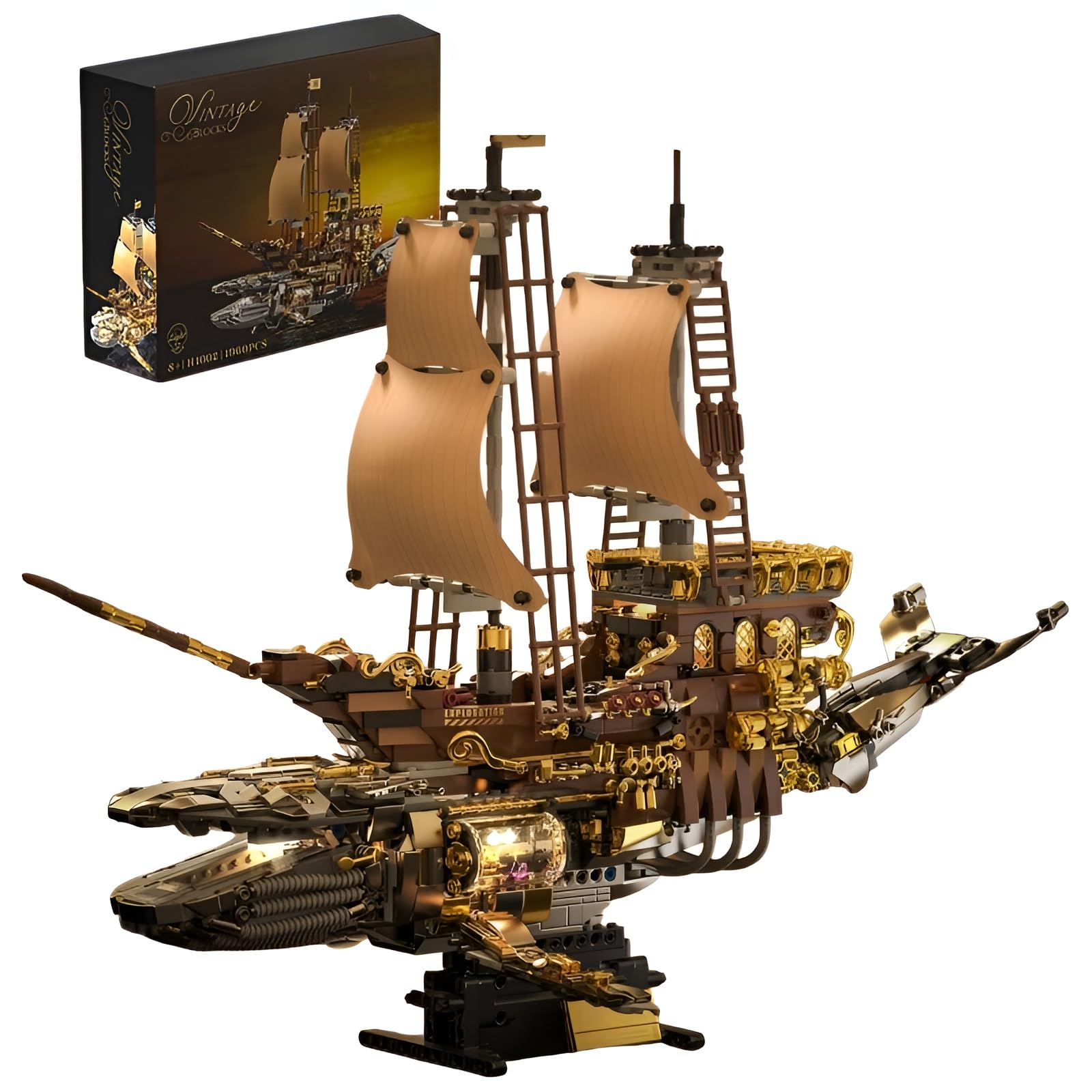 Fuleying Retro Steampunk Whale Ship Building Set, Mechanical Vessel Model