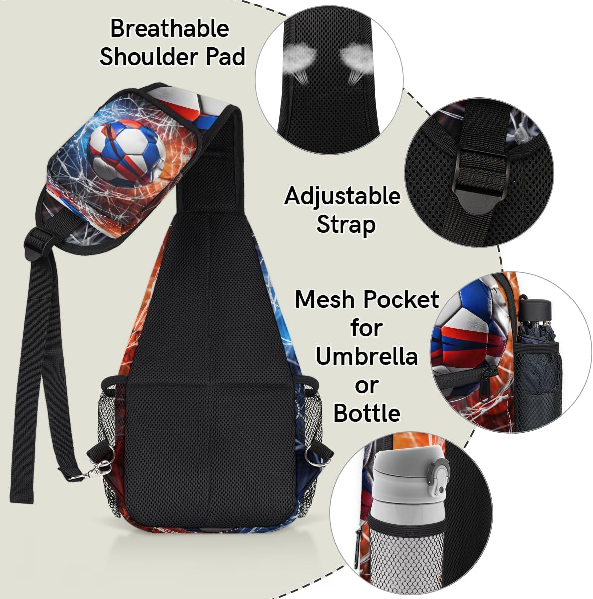Soccer Lines Blue Red Sling Backpack for Women Men Waterproof Antitheft Chest Bag Lightweight Travel Crossbody Shoulder Bag for Shopping Outdoor Leisure Sports Mountaineering Riding