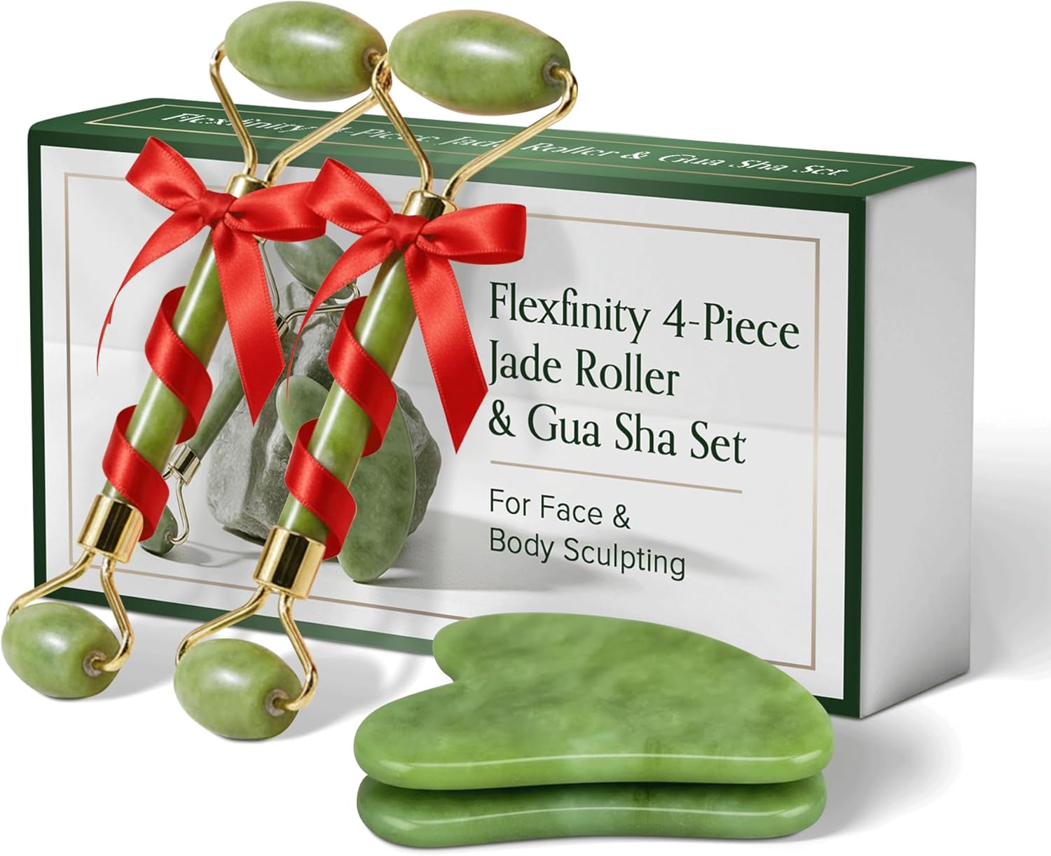 Jade Roller and Gua Sha Set for Face & Body – 4-Piece Authentic Jade Facial Roller Kit with Jade Eye Roller and Gua Sha Facial Tools for Sculpting,Puffiness Reduction, Lymphatic Drainage & Spa Massage