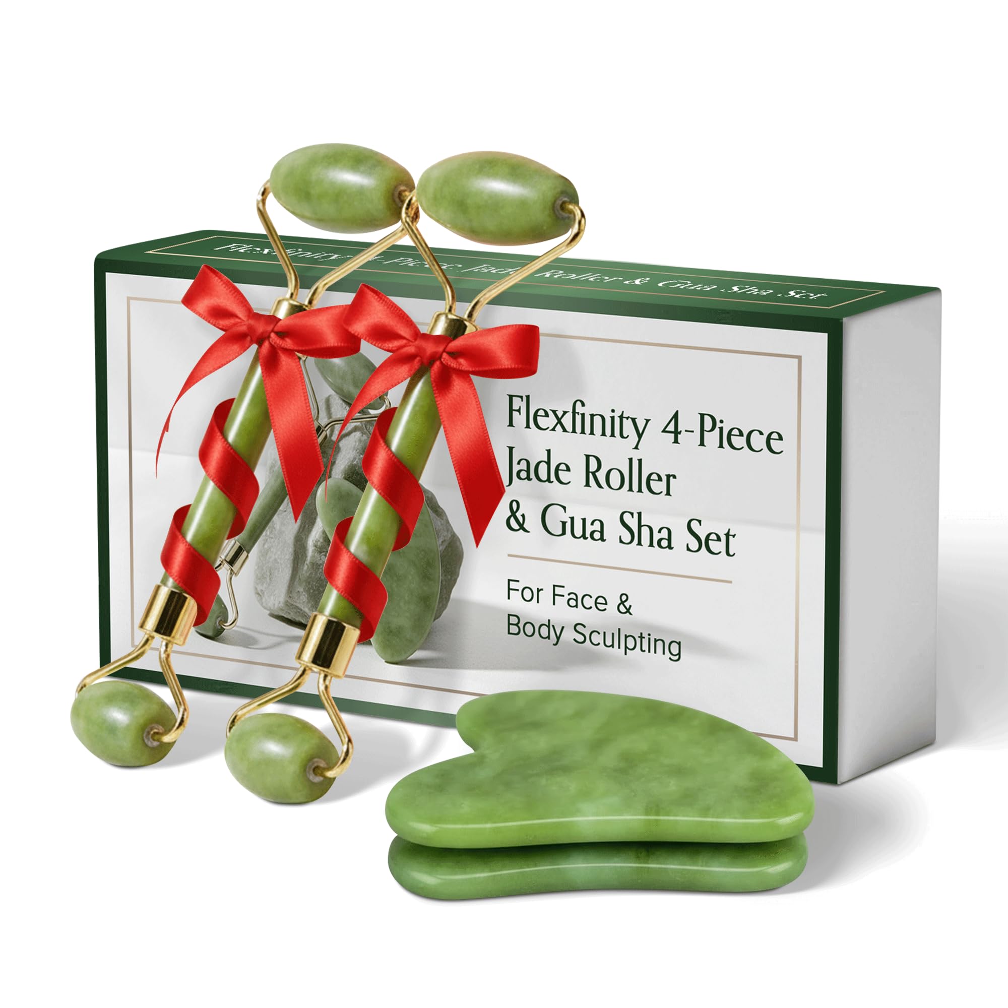 Jade Roller and Gua Sha Set for Face Body 4-Piece Authentic Jade Facial Roller Kit with Jade Eye