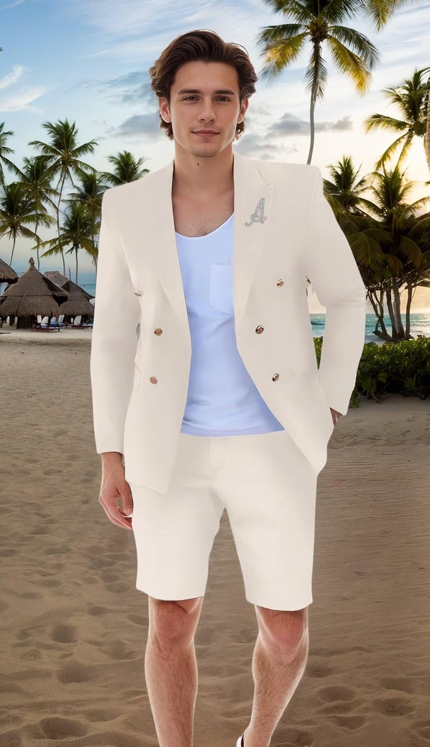 Shorts Suits for Men 2 Piece Slim Fit Casual Double Breasted Tuxedo for Men Prom Summer Beach Wedding
