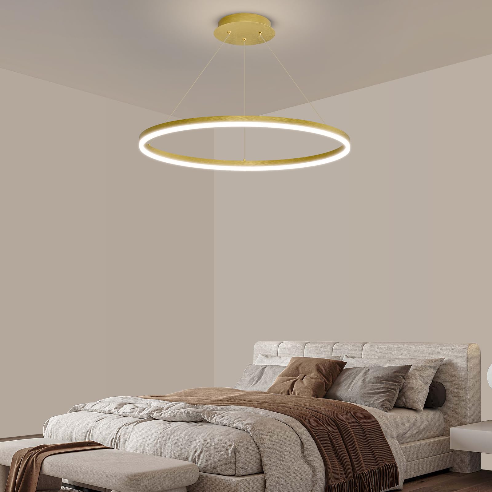 Mikeru 40cm Round Dining Table Pendant Lights, Dimmable Kitchen Island Lights 10% to 100% LED Dining Light Ceiling 3000K/4500K/6500K Height Adjustable Gold Pendant Light for Bedroom, Living Room