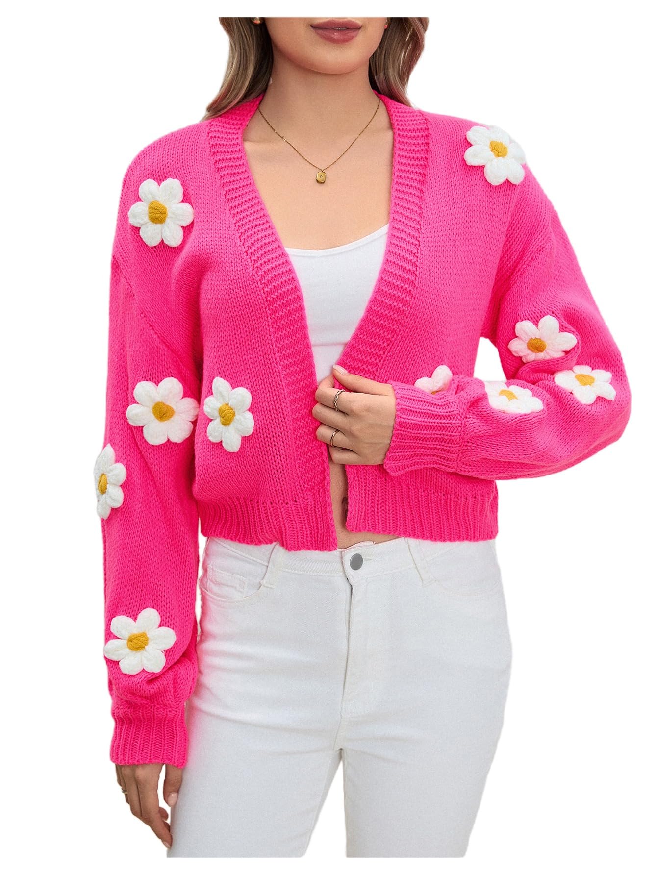 MakeMeChic Womens 3D Floral Cardigan Sweaters Open Front Cropped Cute Cardigan Lantern Sleeve Outerwear