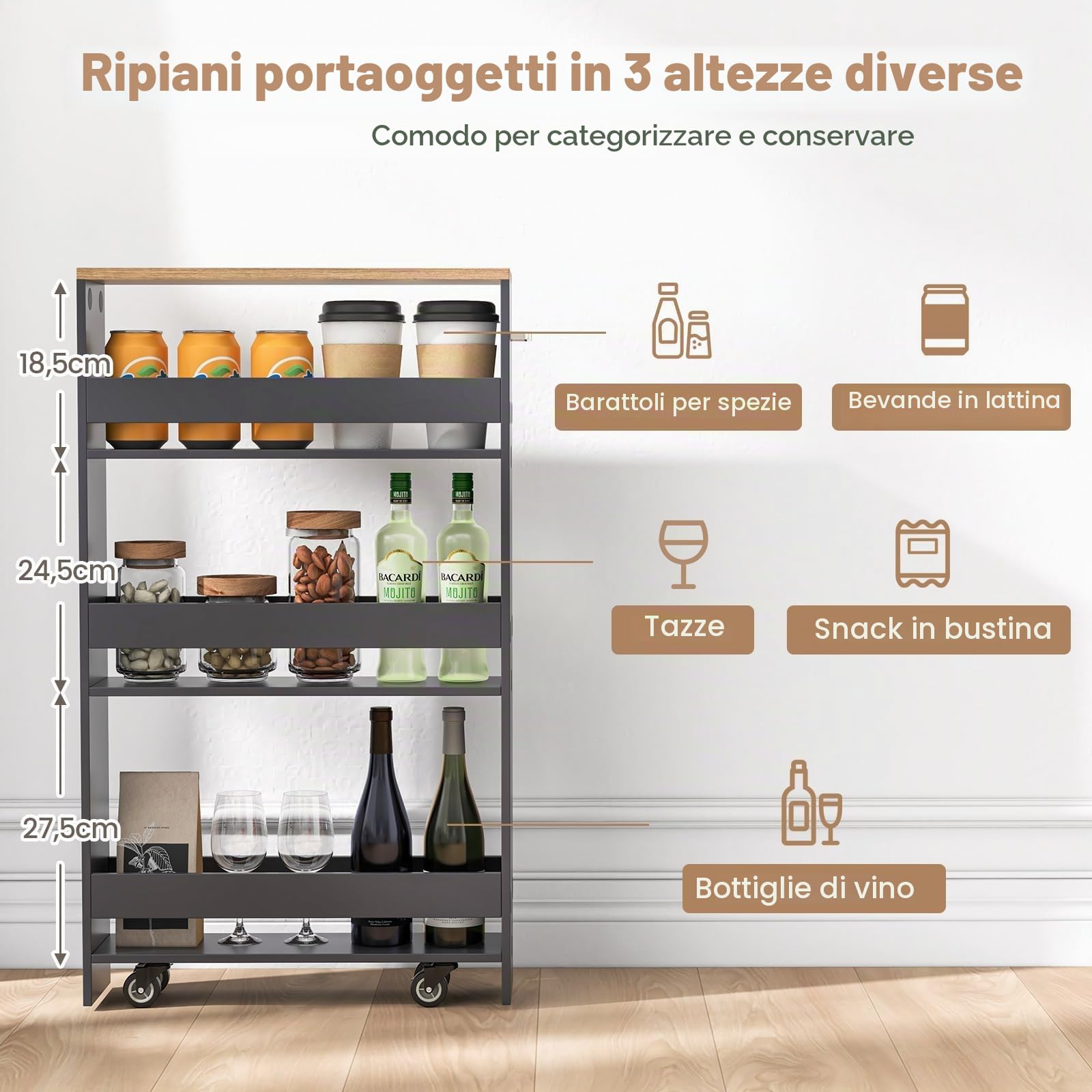 FANTASK Carrello da cucina stretto su ruote, scaffale per nicchia 13 cm di larghezza, 4 ripiani, carrello per nicchia con manico e ringhiere, mensola da bagno in legno, per cucina e bagno, 47,5 x 13 x