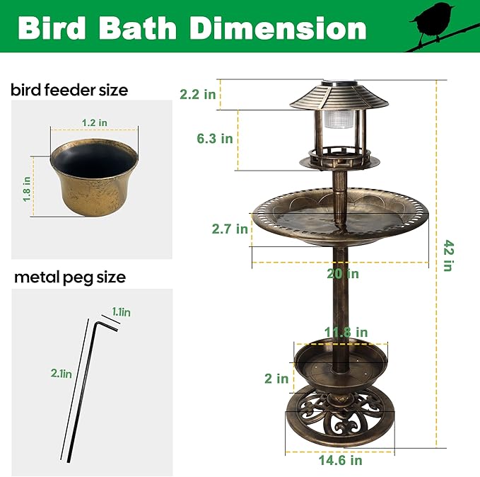 Bird Bath with Solar Light&Feeder& Planter Pedestal,Copper Bird Baths for Outdoors Garden,Yard,Patio,Lawn(41in High)