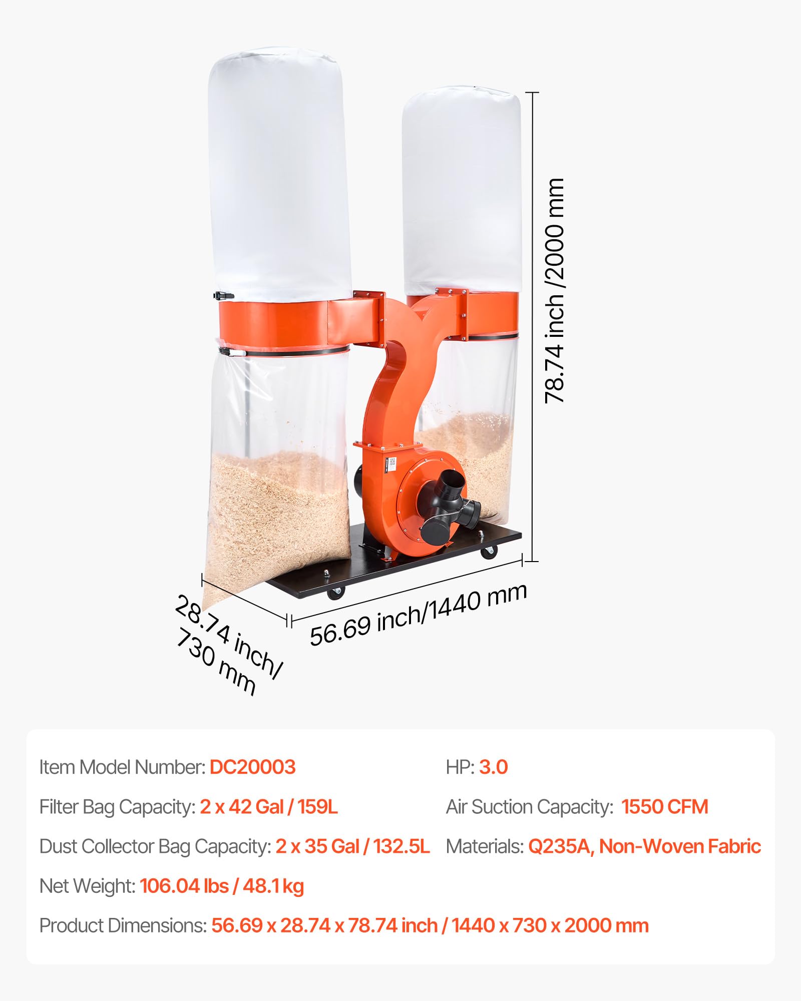 VEVOR Extractor de Polvo, 2634,47 m³/h, Extractor de Virutas 2,5 Micras, Sistema de Recolección de Serrín de 3,0 HP, con Dos Bolsas de Polvo de 132,5 L y Dos Bolsas de Filtro de 159 L, 2800 RPM