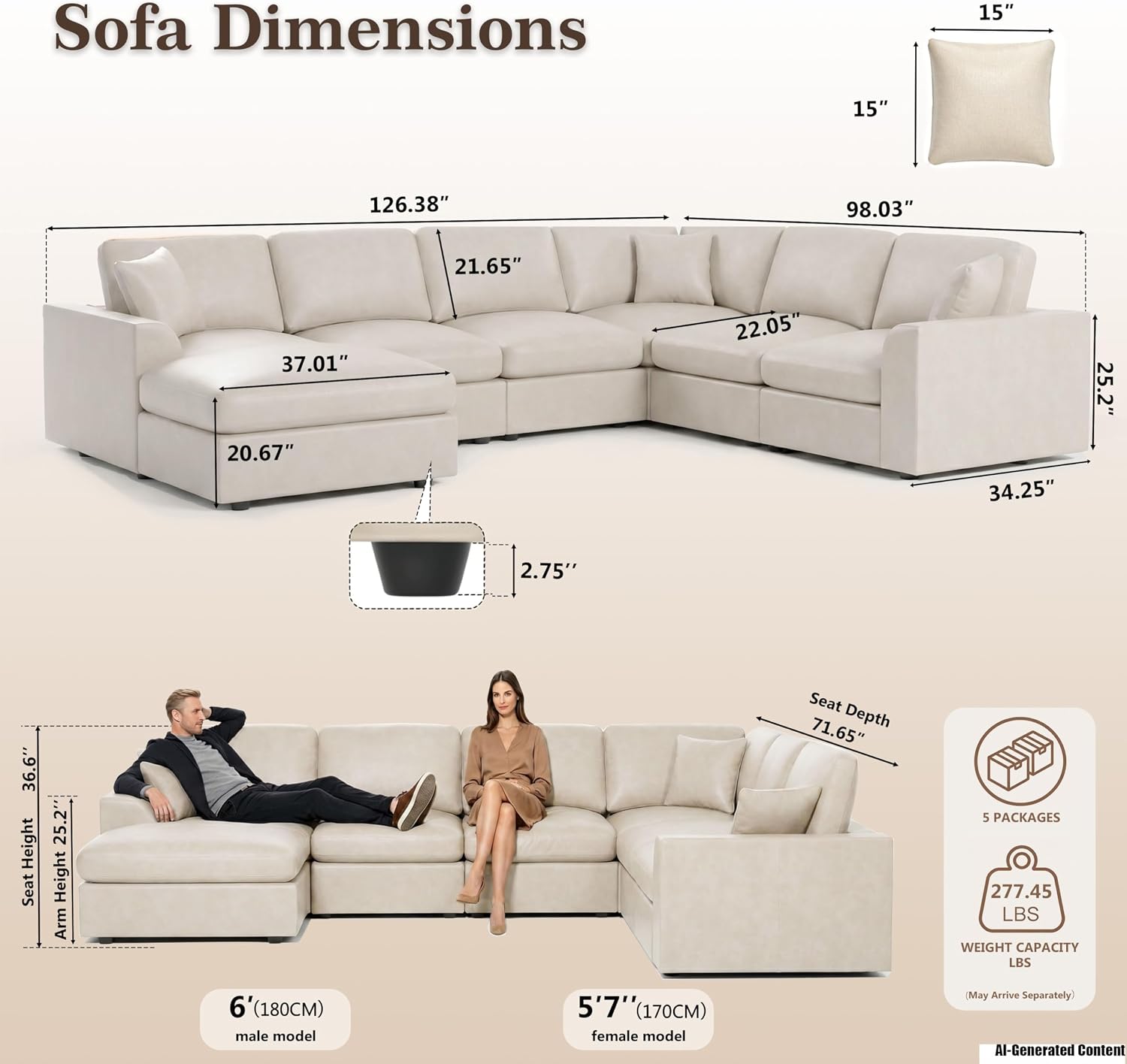 126" Leather Modular Sectional Couch, V-Shaped Modular Sectional Sofa for Living Room, 7 seater Leather sofa, Deep Seat Leather Couch for Bedroom/Apartment/Office, Waterproof couch Easy clean, Beige