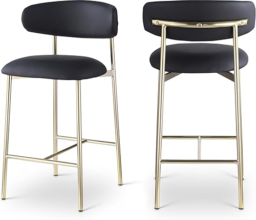 Meridian Furniture 995Black-C Lupita Collection Modern | Taburete contemporáneo con cuero vegano negro suave, marco de metal dorado cepillado, 20.5