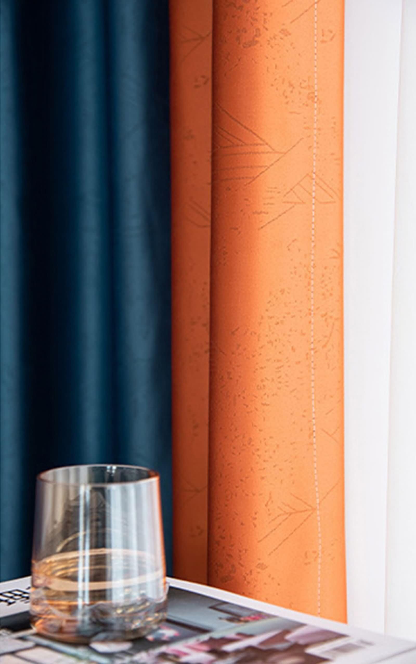 Gardinen Blickdicht mit Ösen 138 cm Lang, Vorhänge Lichtdicht Marineblau Orange Gespleißte Geometrisch Jacquard Textur Vorhang für Schlafzimmer Wohnzimmer 107x138 cm(B×H), 2er Set