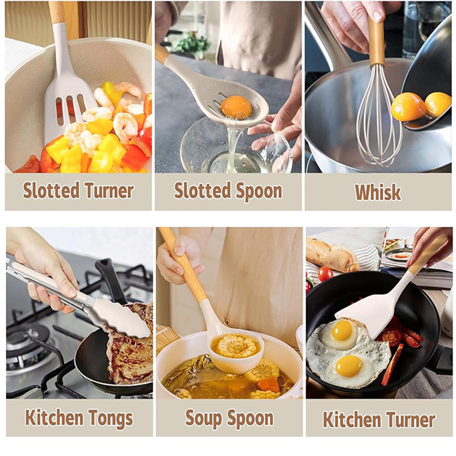 12 Pezzi Set Utensili Cucina Silicone, Set Di Utensili Da Cucina Con Porta Utensili, Mestoli Cucina Silicone Antiaderente Con Manico in Legno, Pentole, Set Mestoli Cucina Resistenti Al Calore