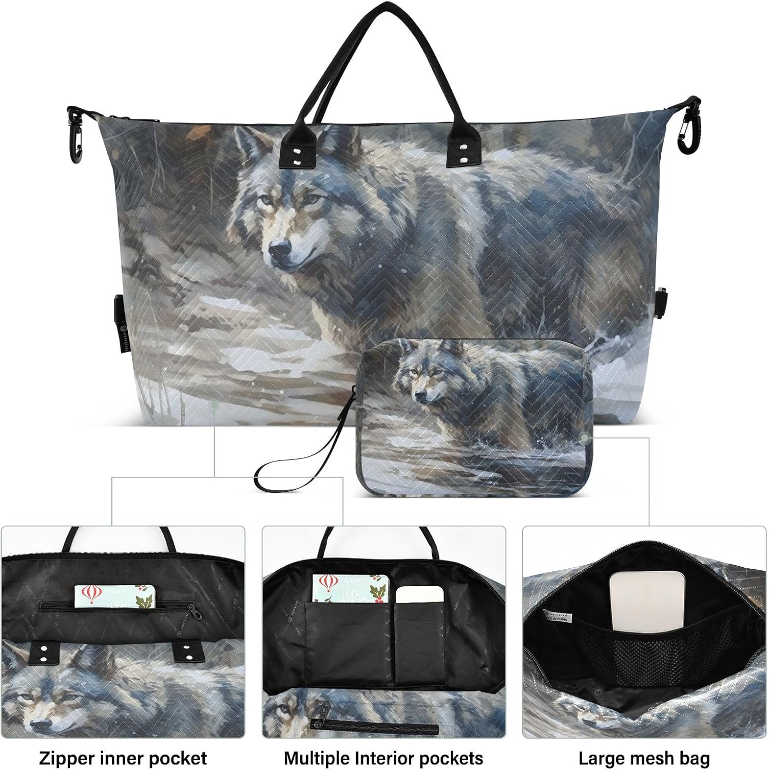 Duffel Bag Set for Travel Gym Sport, Weekender Bag Carry on Overnight Bag for Women Men-River Wolf Print