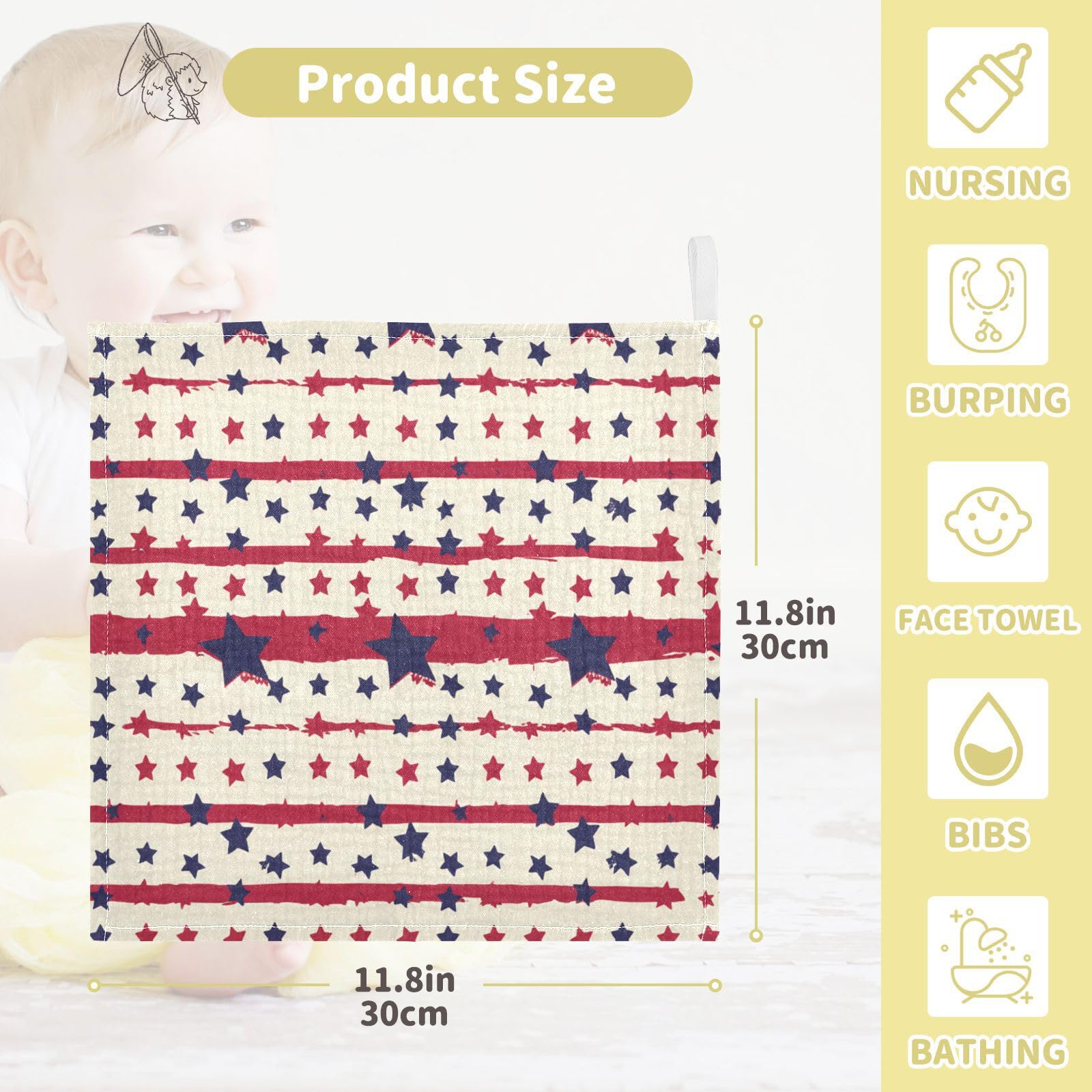 Kigai Independence Day Baby Washcloths,3pcs Ultra Soft Absorbent Towel,Newborn Bath Face Towel, Natural Reusable Baby Wipes for Sensitive Skin, Baby Registry as Shower