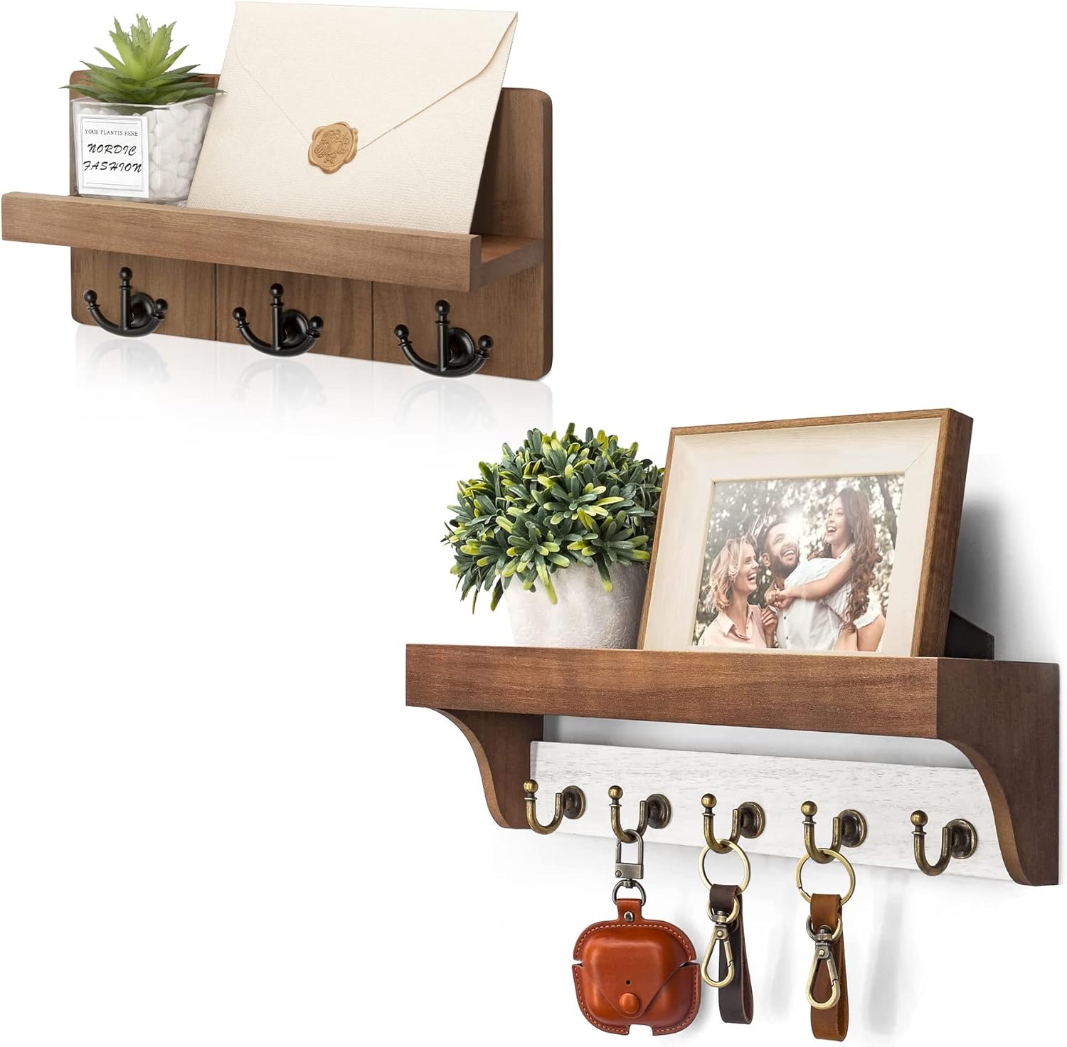 Rebee Vision Key Holder Wall Mount Set : 11" Key Rack with 3 Anchor Hooks and 14" 2-Color Key Organizer with 5 Hooks for Farmhouse Wall Decor – Brown & White