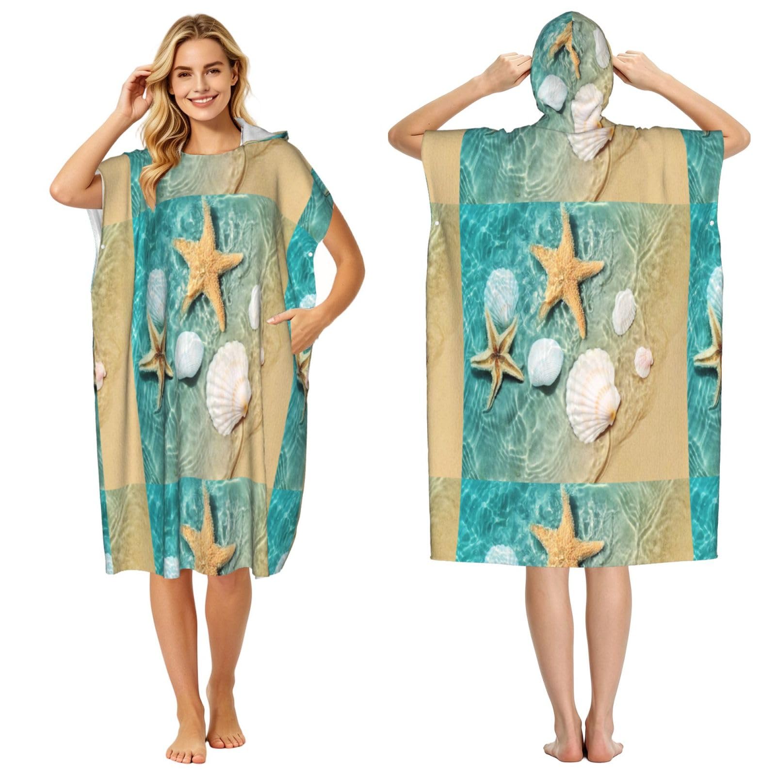 Poadnly Beach Starfish Scallop, Adult Hooded Beach Towel 90 x 110 cm,Changing Bath Robe, Surf Poncho Towel For Women Men