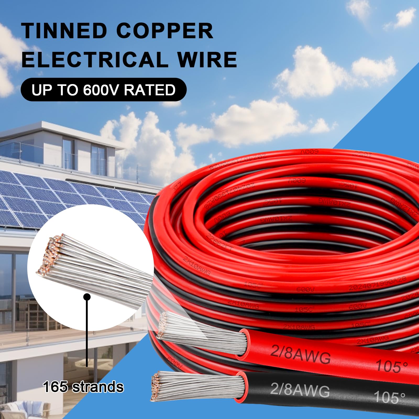 Cable eléctrico de calibre 8, 600 V, 8 AWG, 2 conductores, cable paralelo de cobre estañado de 25 pies, cable trenzado aislado de bajo voltaje para panel solar, automoción, audio automático