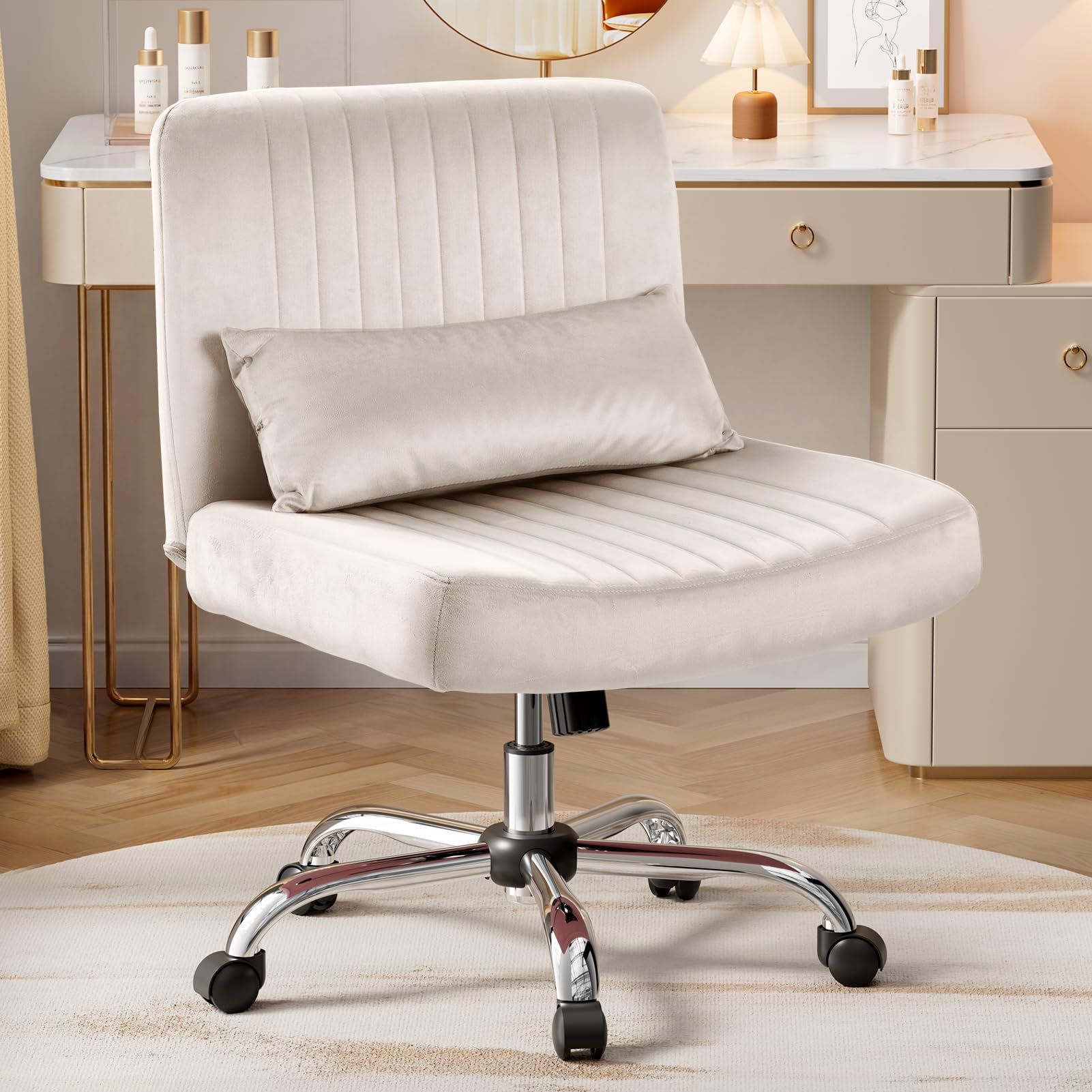 Velvet Office Chair, Luxury Criss Cross Chair with Wheels, Comfy Cross Legged Desk Chair for Home Office, Height Adjustable Vanity Chair, Wide Seat