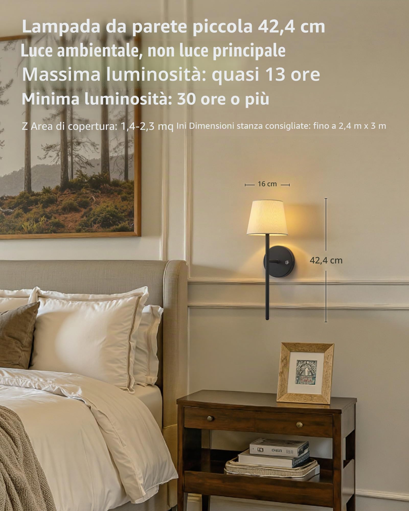 Set di 2 lampade da parete ricaricabili senza fili, alimentate a batteria, 5200 mAh, dimmerabili, lampade da parete senza fili con telecomando, applique con paralume in tessuto, illuminazione