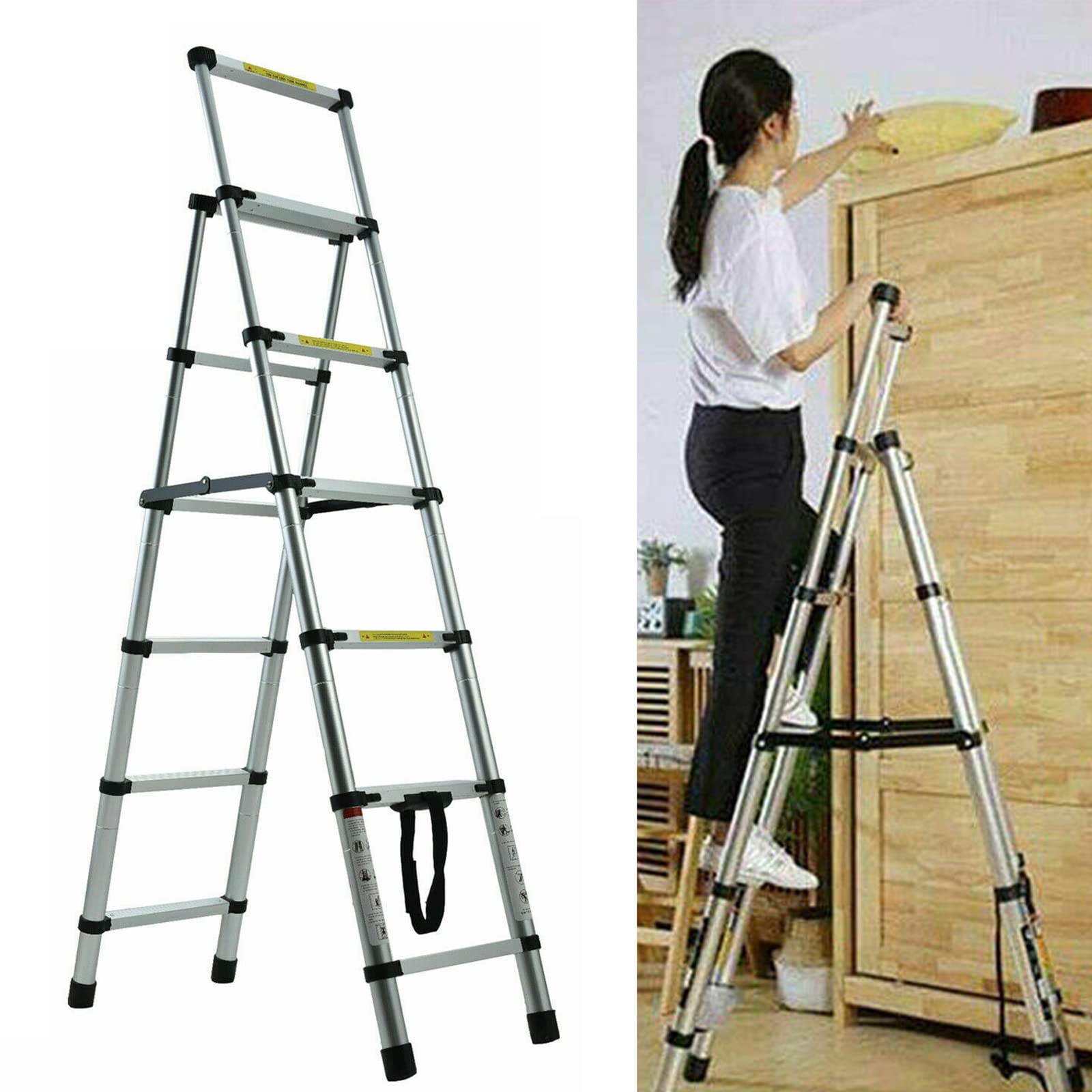 Telescopic Ladder 1.4 m + 1.7 m, Loft Ladder, Foldable, Portable Extendable Ladder, Made of Aluminium, 150 kg Load Capacity