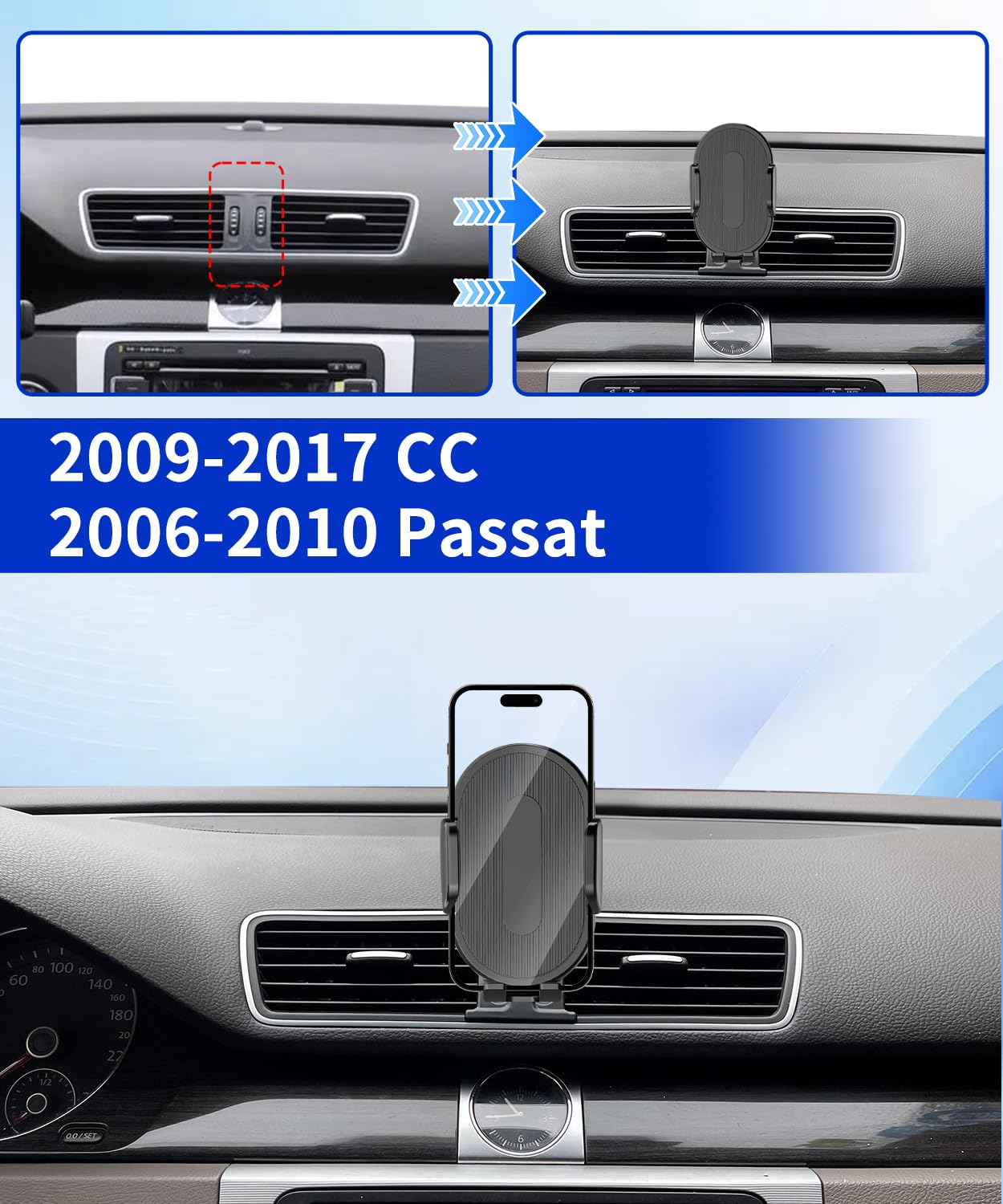 Soporte para teléfono de coche para Volkswagen 2009-2017 CC / 2006-2010 Passat Auto Accesorios, colocación y selección con una sola mano, rotación de 360°, manos libres, para teléfonos de