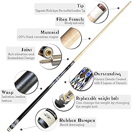 Tai ba cues 2-Piece Pool cue Stick + Hard Case, 13mm Tip, 58, Hardwood Canadian Maple Professional Billiard Pool Cue Stick 18,19,20,21,22 Oz Pool Stick (Selectable)-Blue, Black, Red, Gray, Green