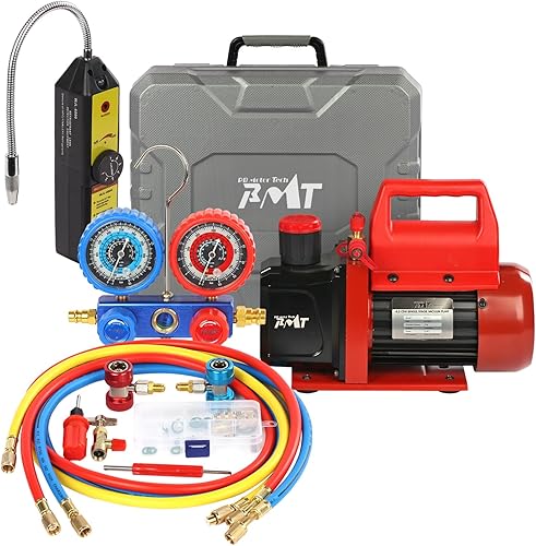 PB Motor Tech - Juego de bomba de vacío y medidor - Bomba de 4.5 CFM con manómetro de aluminio de 3 vías, con detector de fugas y estuche de
