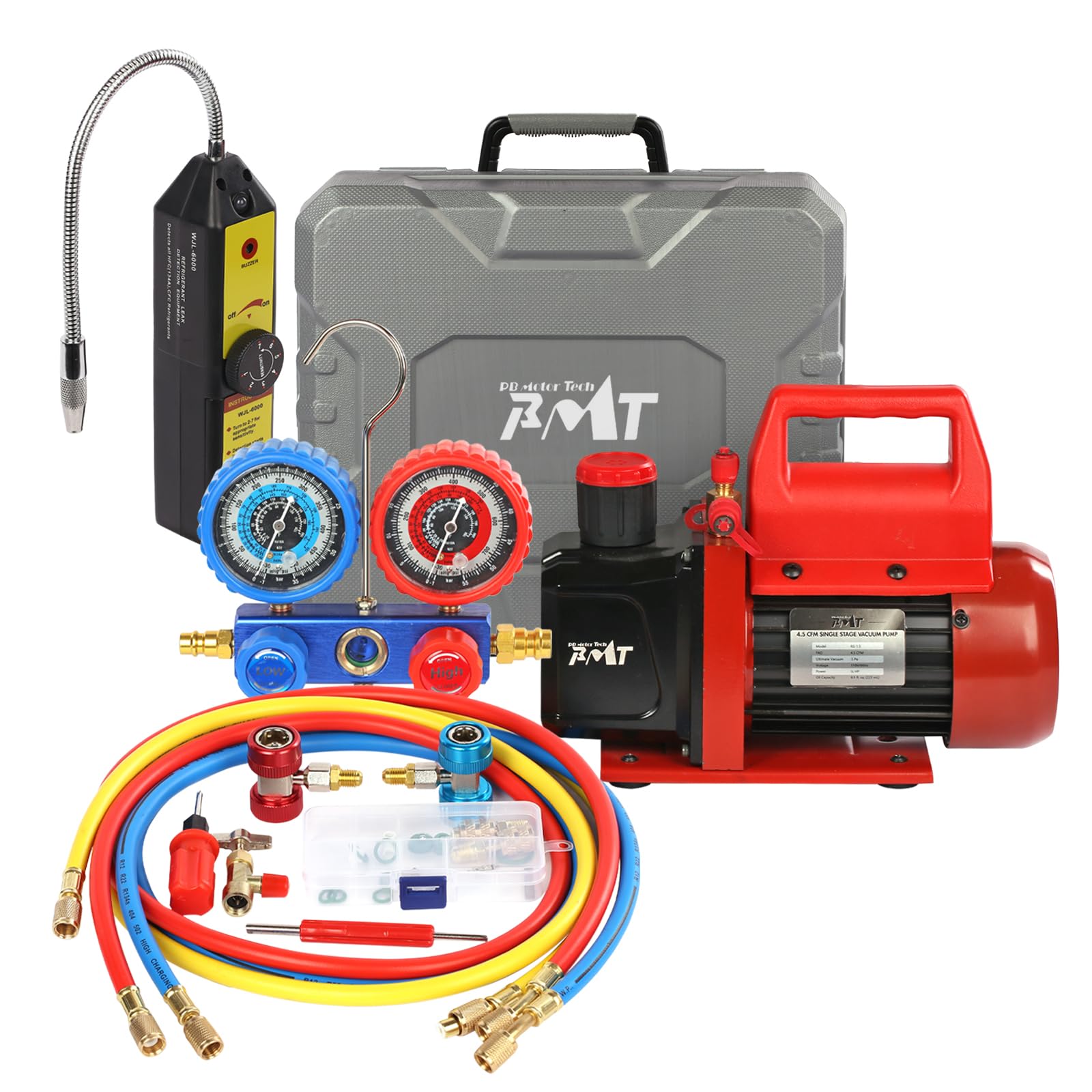 PB Motor Tech Vakuumpumpe & Messgerät-Set - 4,5 CFM-Pumpe mit 3-Wege-Aluminium-Verteilermesser, mit Leckage-Detektor und PVC-Aufbewahrungsbox – für R134A, R410A, R22, R404A Kühlmittel und AC-Wartung