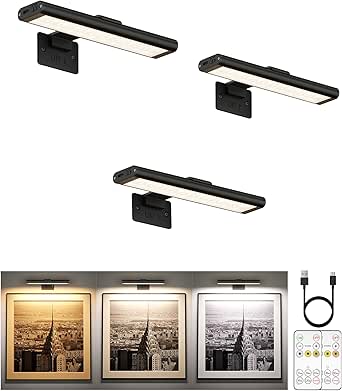 EZVALO Rechargeable Wireless Picture Light with IR Remote, 7.8'', 3 Color & Dimmable, Magnetic Mount, Black