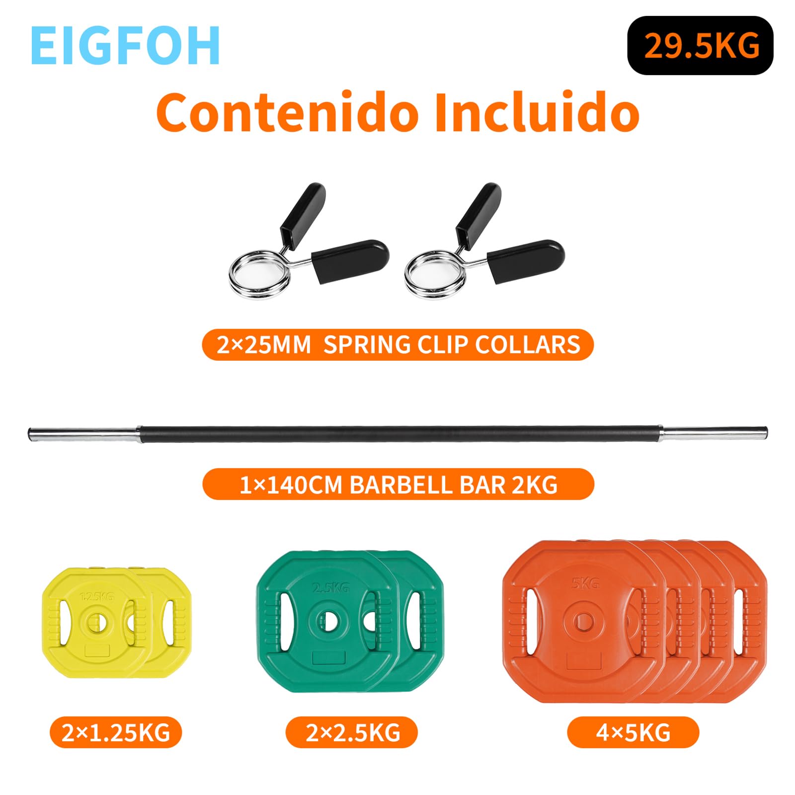 Plástico Set de Pesas con Barra, Discos de Colores de 7.5kg, 5kg, 2.5 kg y 1.25 kg,Juego de Mancuernas de 20/30/40/50kg