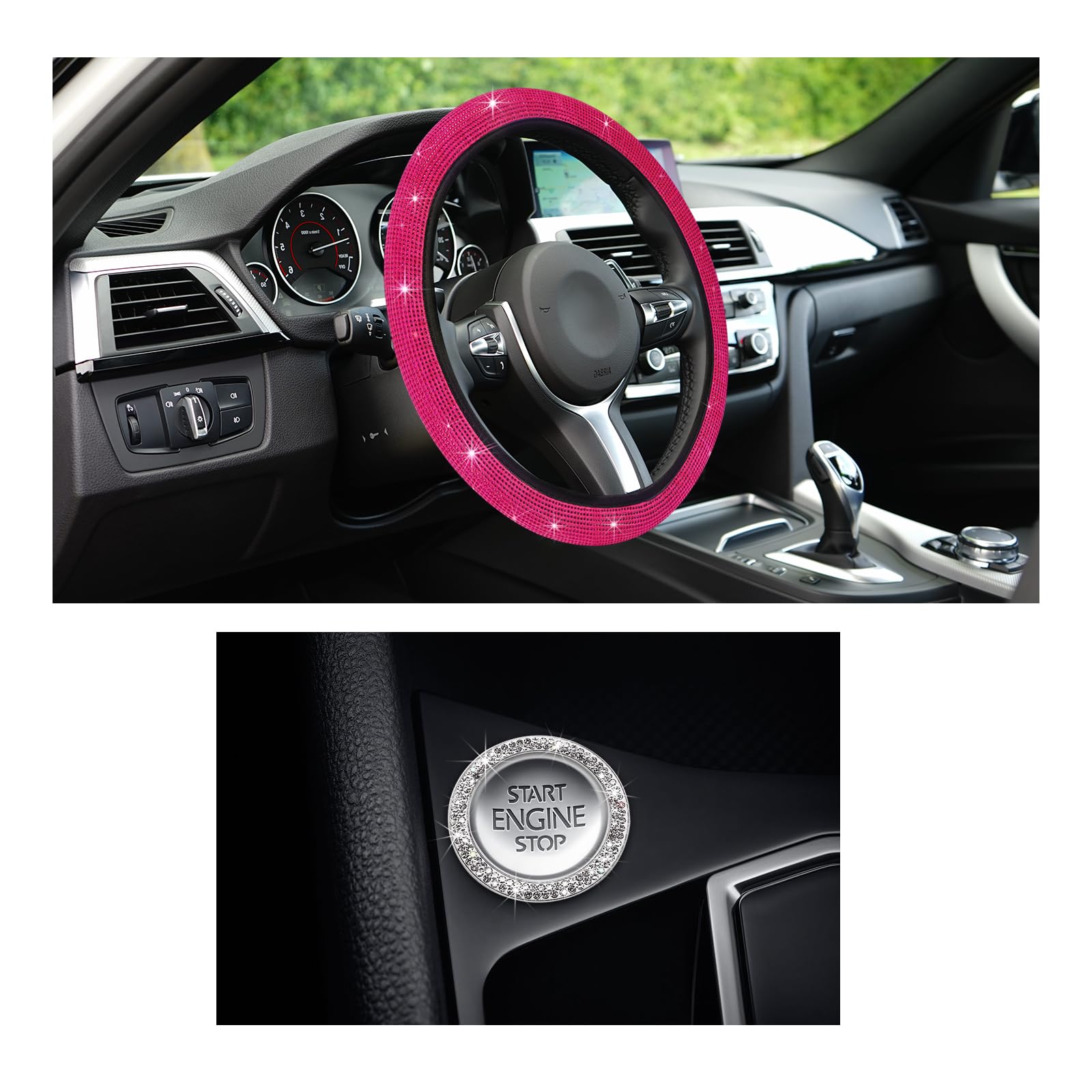 Ziciner Bling Car Steering Wheel Cover, Crystal Glitter Rhinestone Wheel Protector for Vehicle, Universal Automotive Interior Decorative Accessories with Start Button Starter Ring (Pink & Pink)-image-6