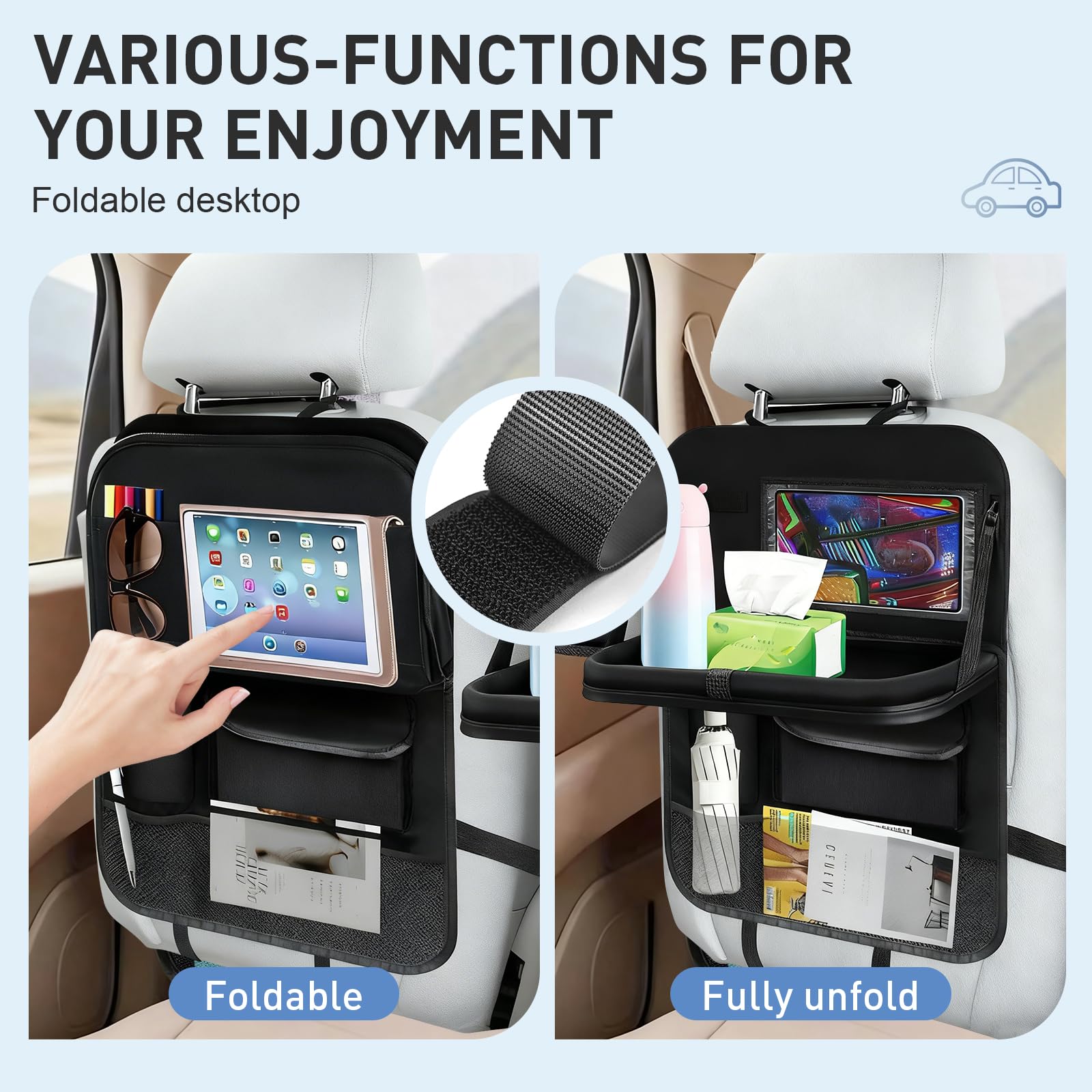 2 Piezas Organizador Coche Niños, Organizador Asiento Coche con Mesa Plegable y Funda para Tablet Oxford Protector Asiento Coche Impermeable para Viajes Familiares y Almacenamiento Juguetes