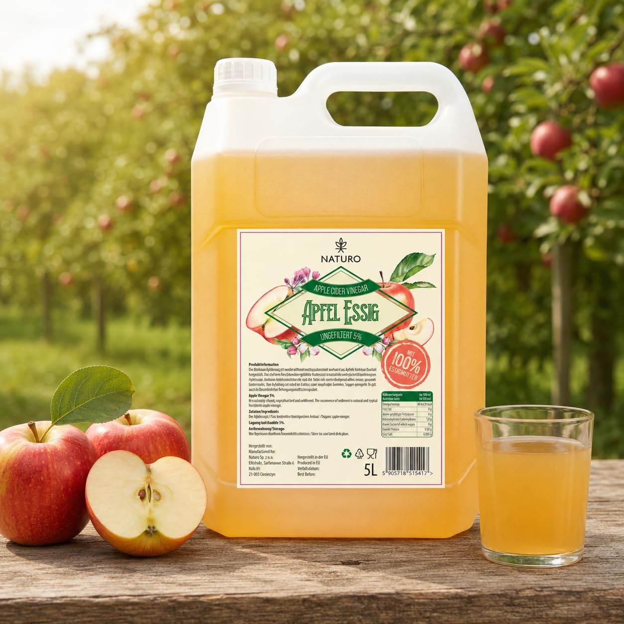 Naturo - Apfelessig Naturtrüb 5L – Hochwertiger Essig Ungefiltert 5% - Essigmutter Großer Vorratspackung - 100% natürlich, ohne Zusatzstoffe - ideal für Salate, Saucen und Gesundheitsvorteile