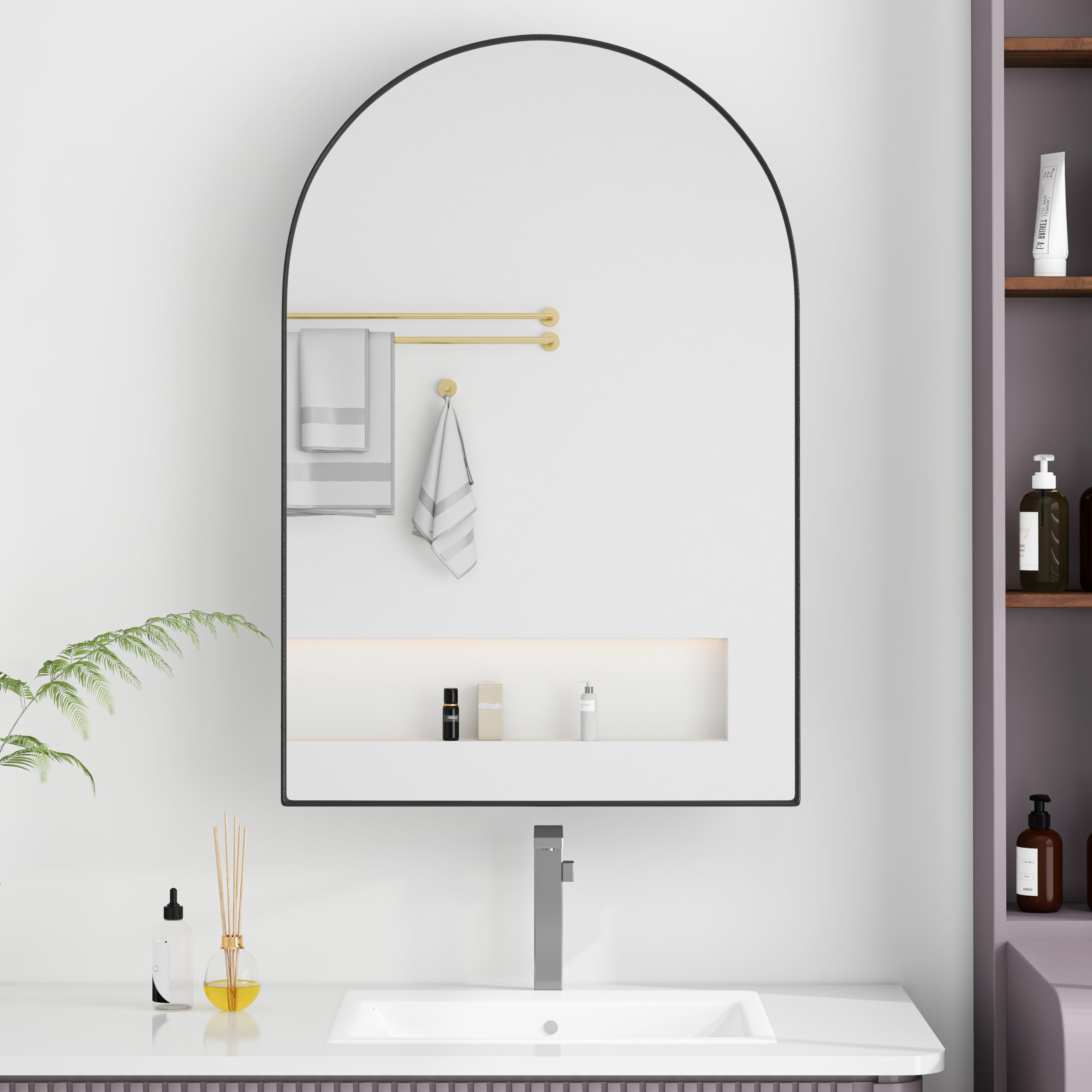 MURUL Armario con espejo de arco redondo negro con marco de metal, espejo y estantes ajustables – para baño, salón y dormitorio