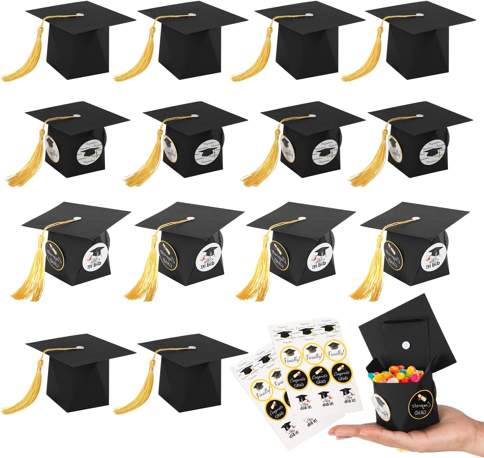 24pcs Graduation Hat Candy Boxes with 2 Sheet Gift Stickers, Graduation Celebration Sweet Box, Class Of 2024 Graduation Party Supplies, for Middle School College Students Primary School (Black B)