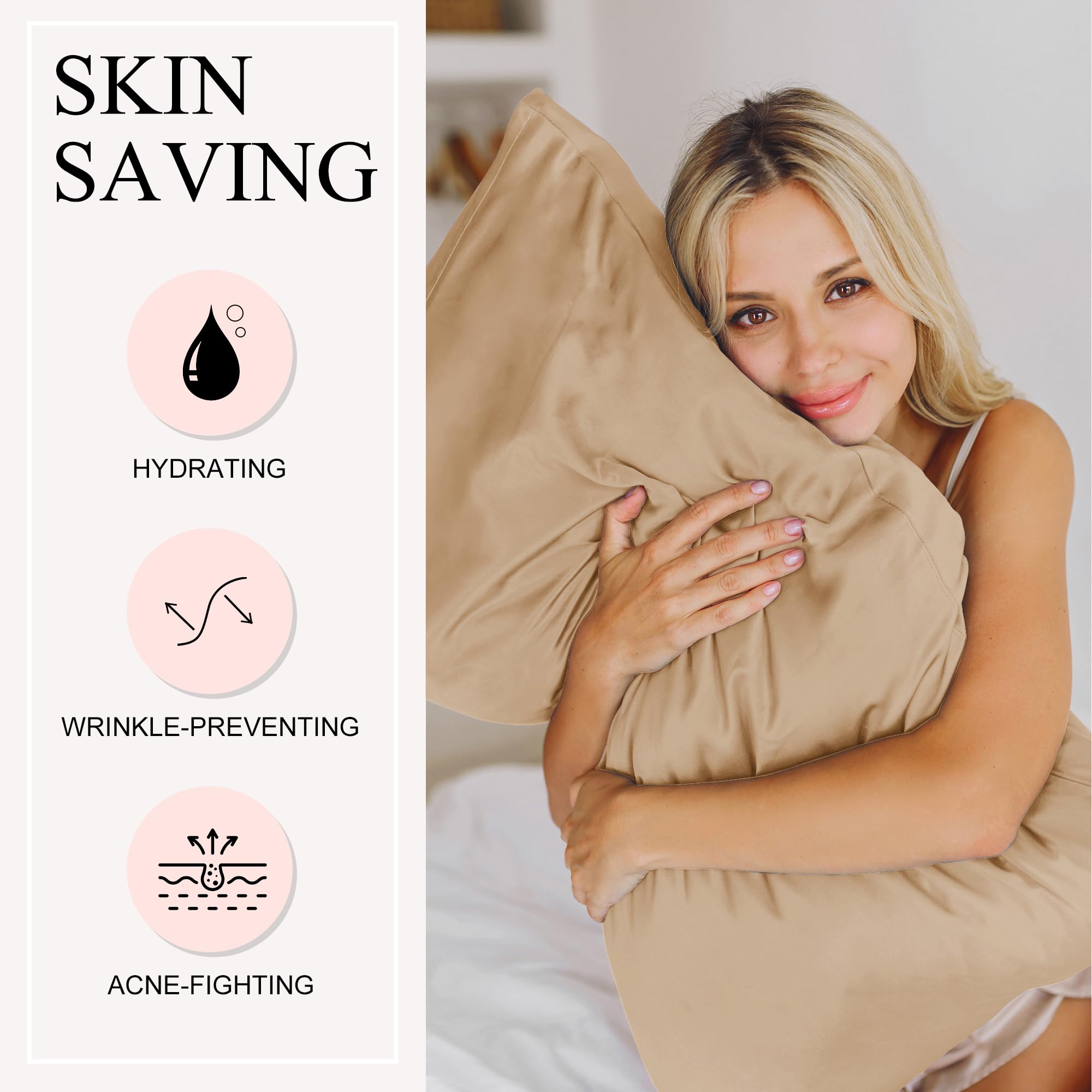 Seiwohl Silk Satin Pillowcase Soft as Silk Pillowcases for Hair and Skin Champagne Pillow Cases 2 Pack with Satin Scrunchies and Bonnet for sleeping Cooling Pillow cases Envelope Closure - Image 3