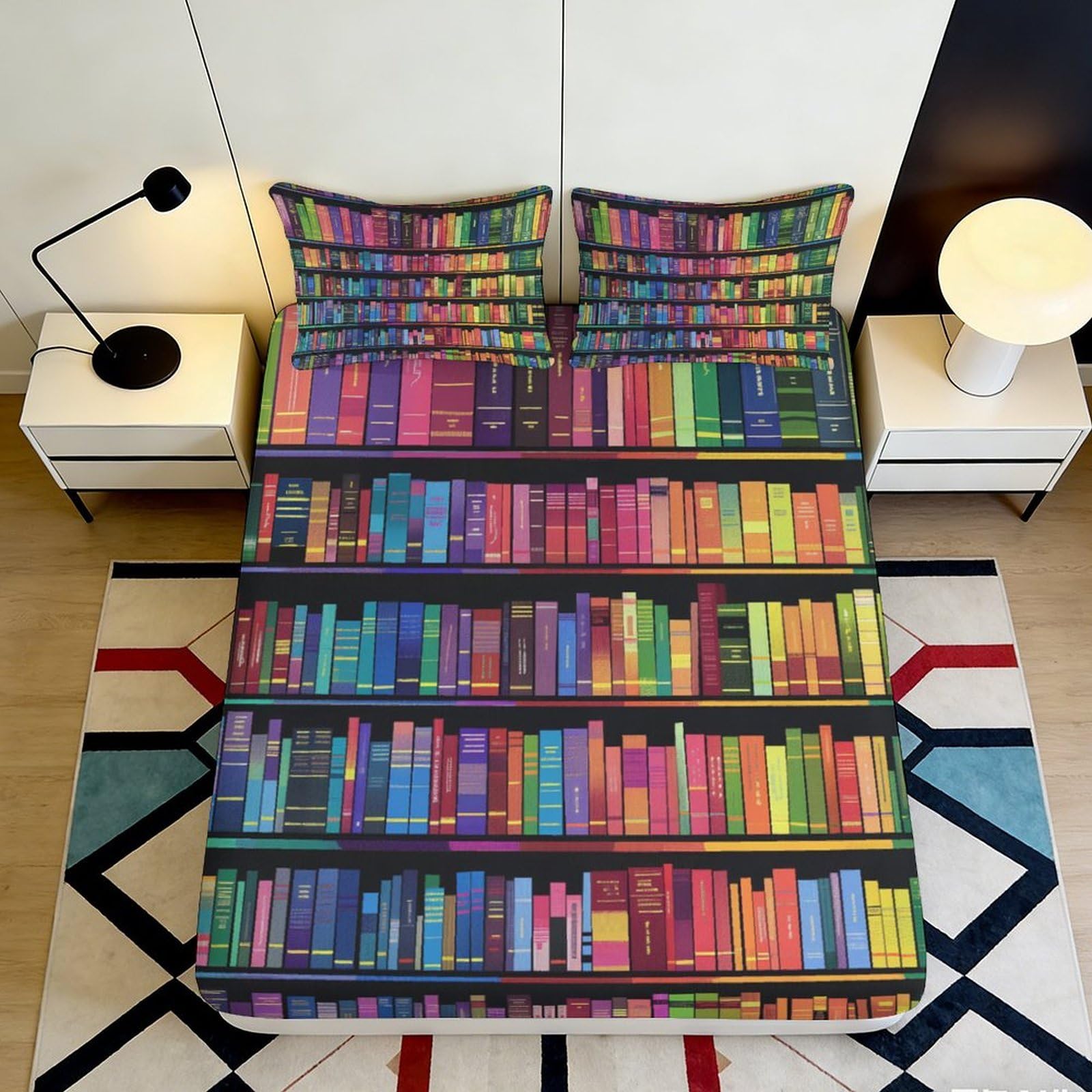 3D Printed Colourful Bookshelf Fitted Sheet Microfiber Soft Bedroom Decor Library Theme Mattress Cover 90x200x25cm