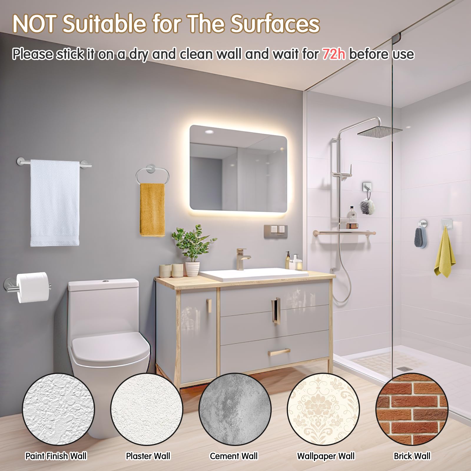 Bathroom Accessory Set - 6 PCS Bathroom Hardware Set Wall Mounted, Bath Towel Holder for Bathroom with Adhesive, Expandable 19IN Towel Bar Set for Bathroom, Stainless Steel Towel Racks, Brushed Nickel