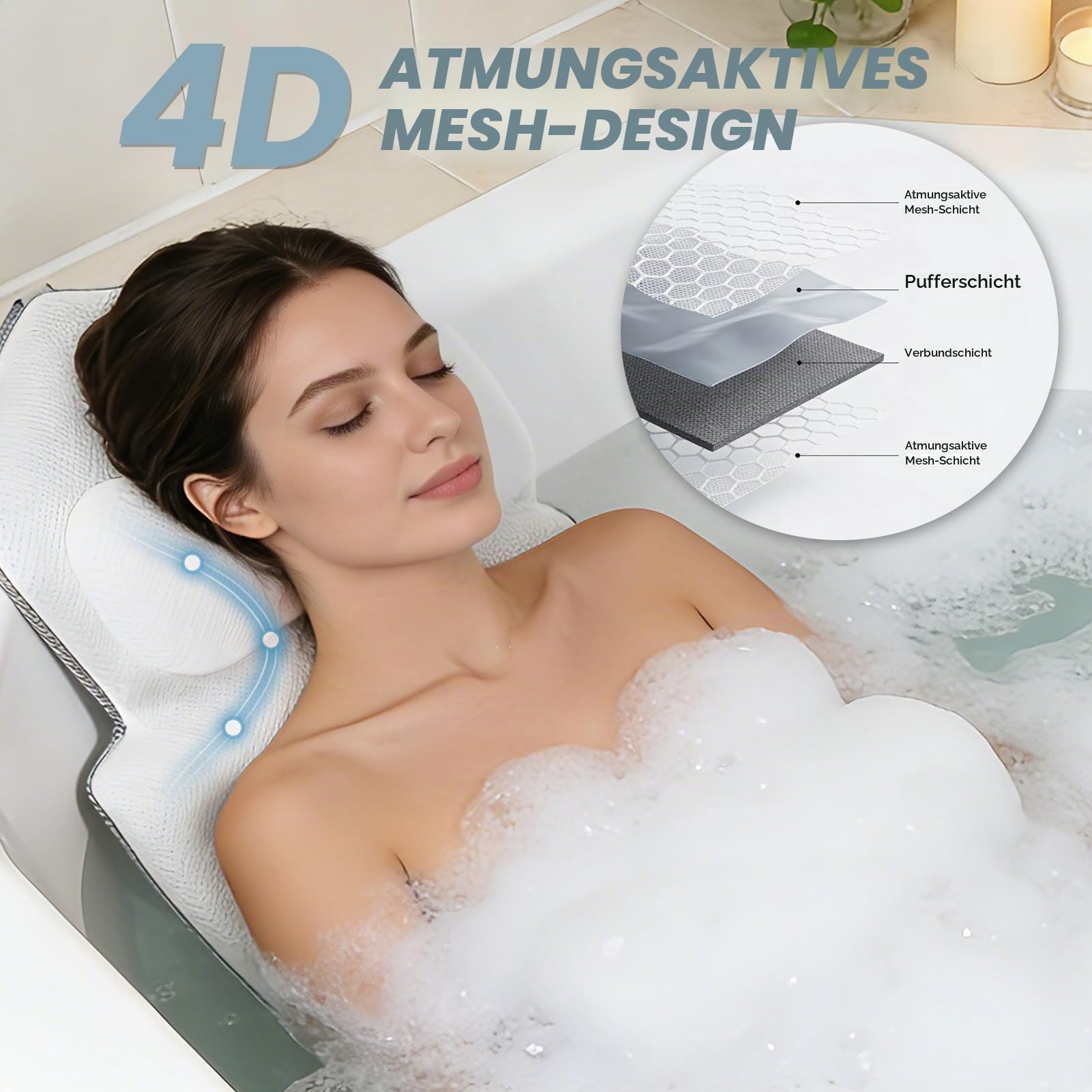 Badewannenkissen mit abnehmbarem Lendenkissen, 144 Saugnäpfen für optimalen Halt, ergonomische Unterstützung für Kopf, Nacken und Rücken für maximale Entspannung (133 x 41 cm)