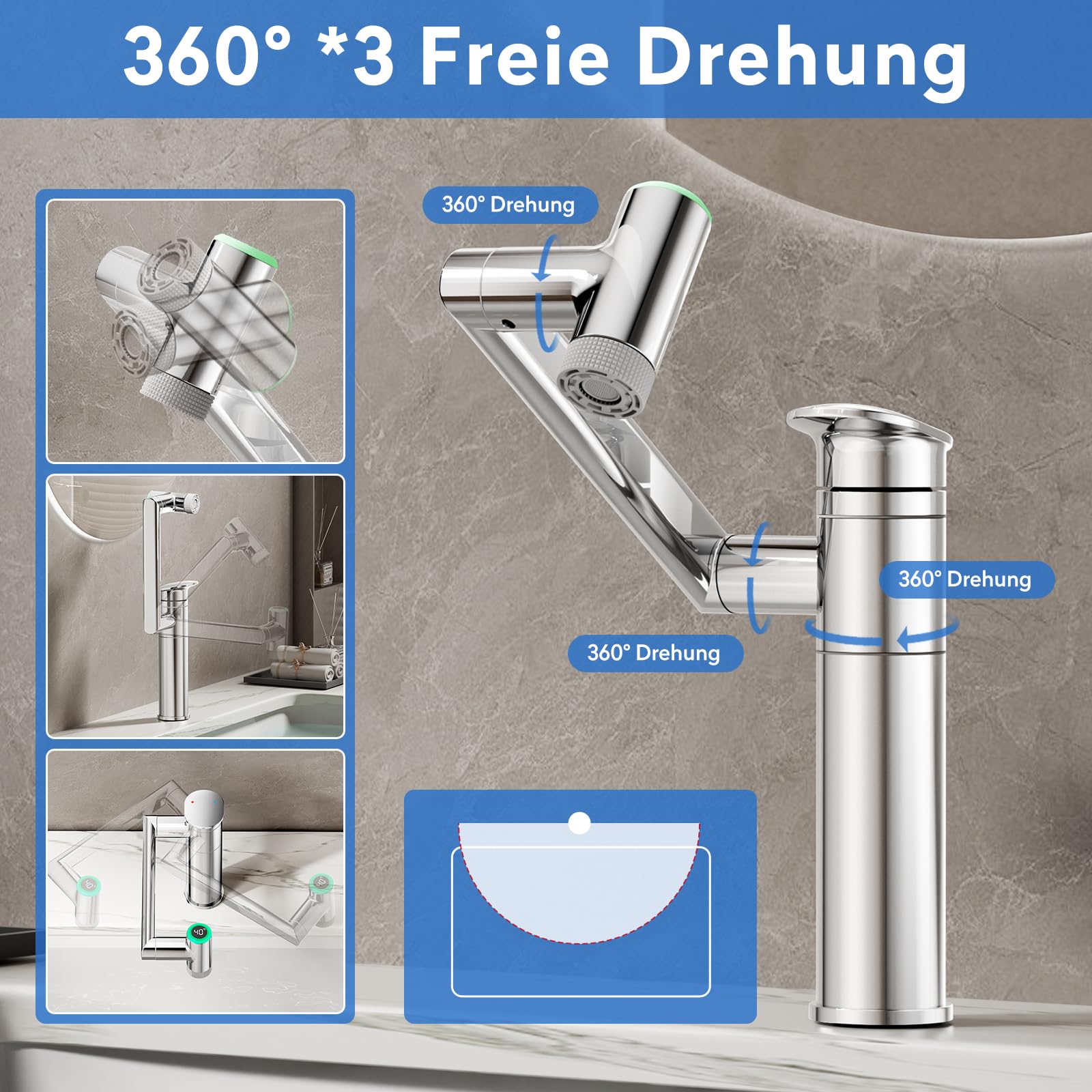 JONKEAN Chrom Wasserhahn Bad mit Temperaturanzeige(Batterielos) | 1080° Drehbar Mischbatterie Waschbecken, Moderne Armatur Badezimmer, Warm/Kaltwasser, Einfache Montage für Badezimmer, RV